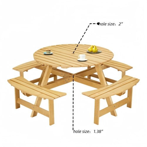 Outdoor 8 Person Picnic Table, 8 Person Round Picnic Table With 4 Built-in Benches, Umbrella Hole, Outside Table And Bench Set For Garden, Backyard, Porch, Patio, Natural view 17