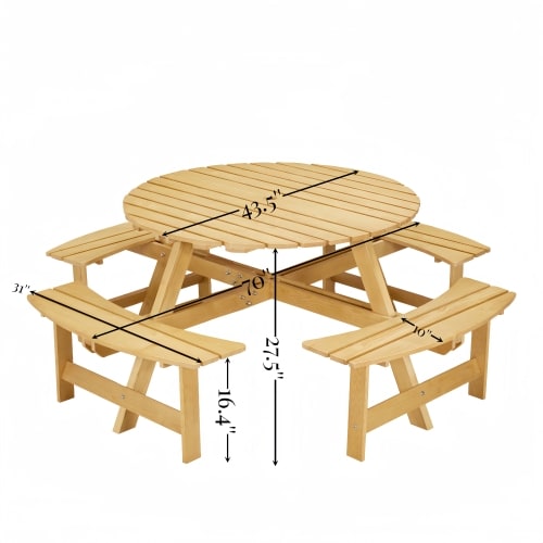 Outdoor 8 Person Picnic Table, 8 Person Round Picnic Table With 4 Built-in Benches, Umbrella Hole, Outside Table And Bench Set For Garden, Backyard, Porch, Patio, Natural view 21