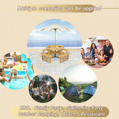Outdoor 8 Person Picnic Table, 8 Person Round Picnic Table With 4 Built-in Benches, Umbrella Hole, Outside Table And Bench Set For Garden, Backyard, Porch, Patio, Natural view 5