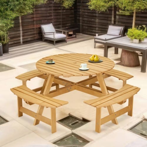 Outdoor 8 Person Picnic Table, 8 Person Round Picnic Table With 4 Built-in Benches, Umbrella Hole, Outside Table And Bench Set For Garden, Backyard, Porch, Patio, Natural view 16