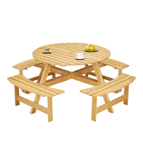 Outdoor 8 Person Picnic Table, 8 Person Round Picnic Table With 4 Built-in Benches, Umbrella Hole, Outside Table And Bench Set For Garden, Backyard, Porch, Patio, Natural view 22