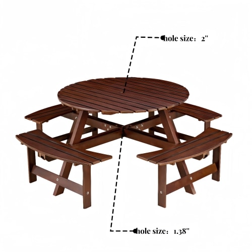 Outdoor 8 Person Picnic Table, 8 Person Round Picnic Table With 4 Built-in Benches, Umbrella Hole, Outside Table And Bench Set For Garden, Backyard, Porch, Patio, Natural view 9