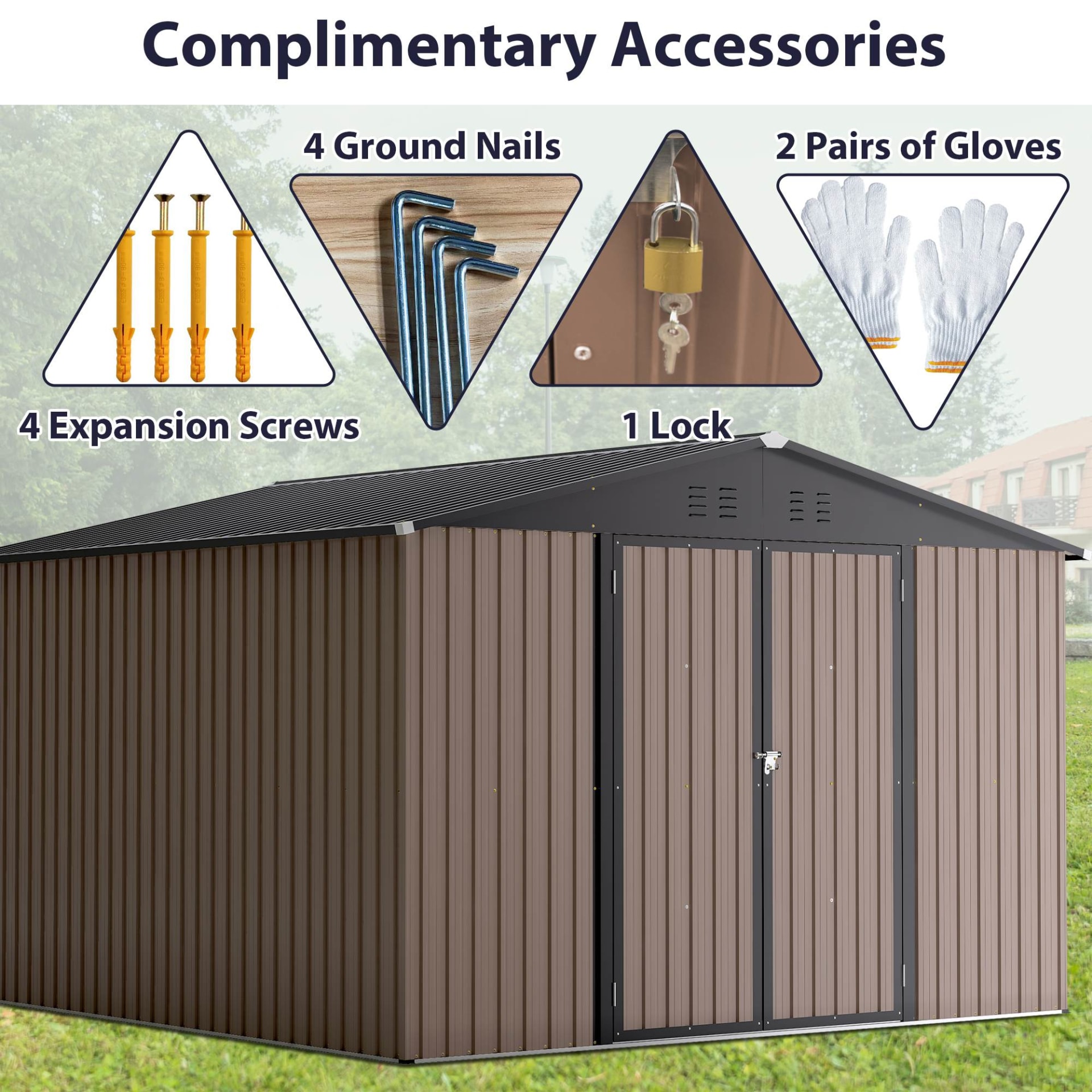 10 X 10 Ft Metal Storage Shed For Ourdoor, Steel Yard Shed With Design Of Lockable Doors, Utility And Tool Storage For Garden, Backyard, Patio, Outside Use Brown view 6
