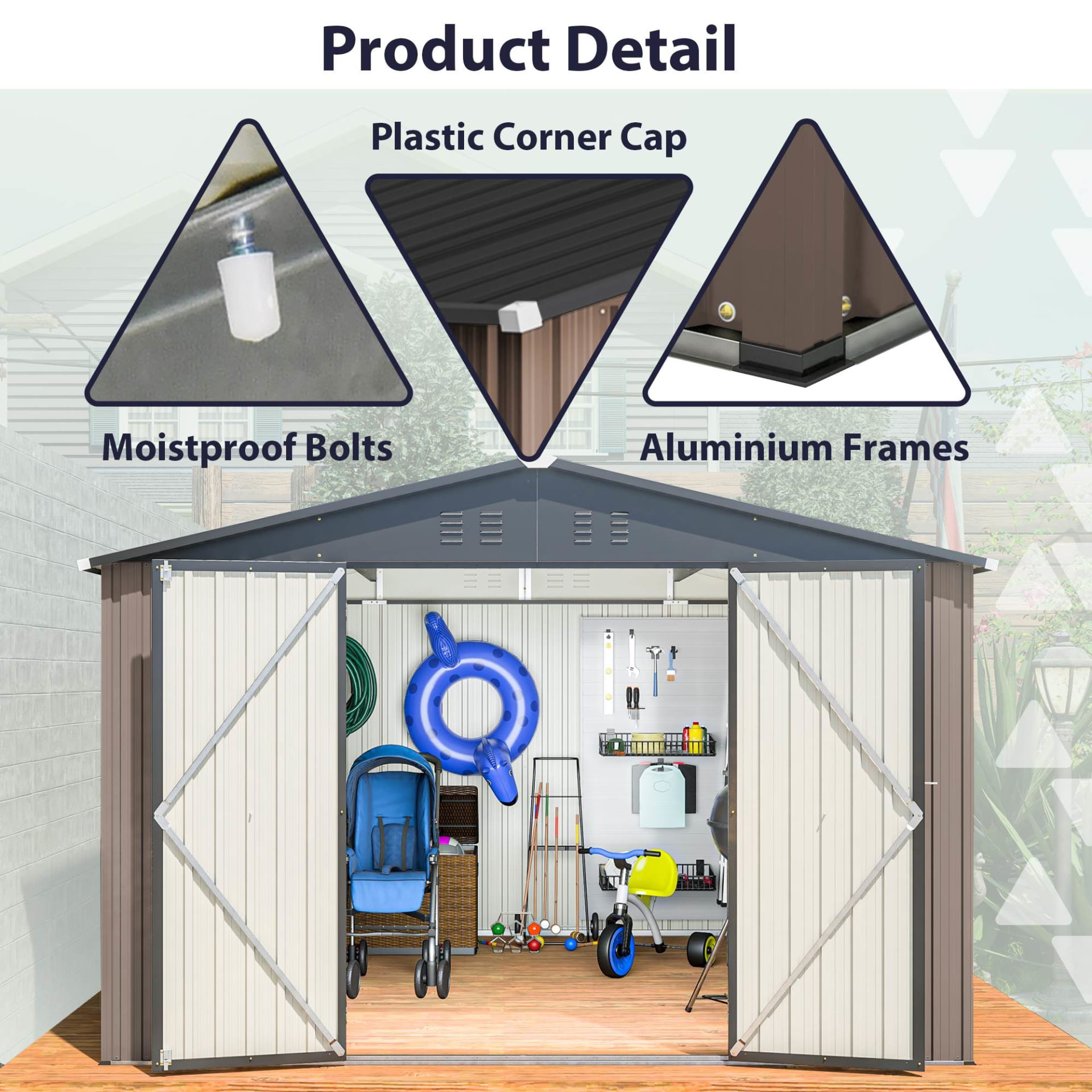 10 X 10 Ft Metal Storage Shed For Ourdoor, Steel Yard Shed With Design Of Lockable Doors, Utility And Tool Storage For Garden, Backyard, Patio, Outside Use Brown view 8
