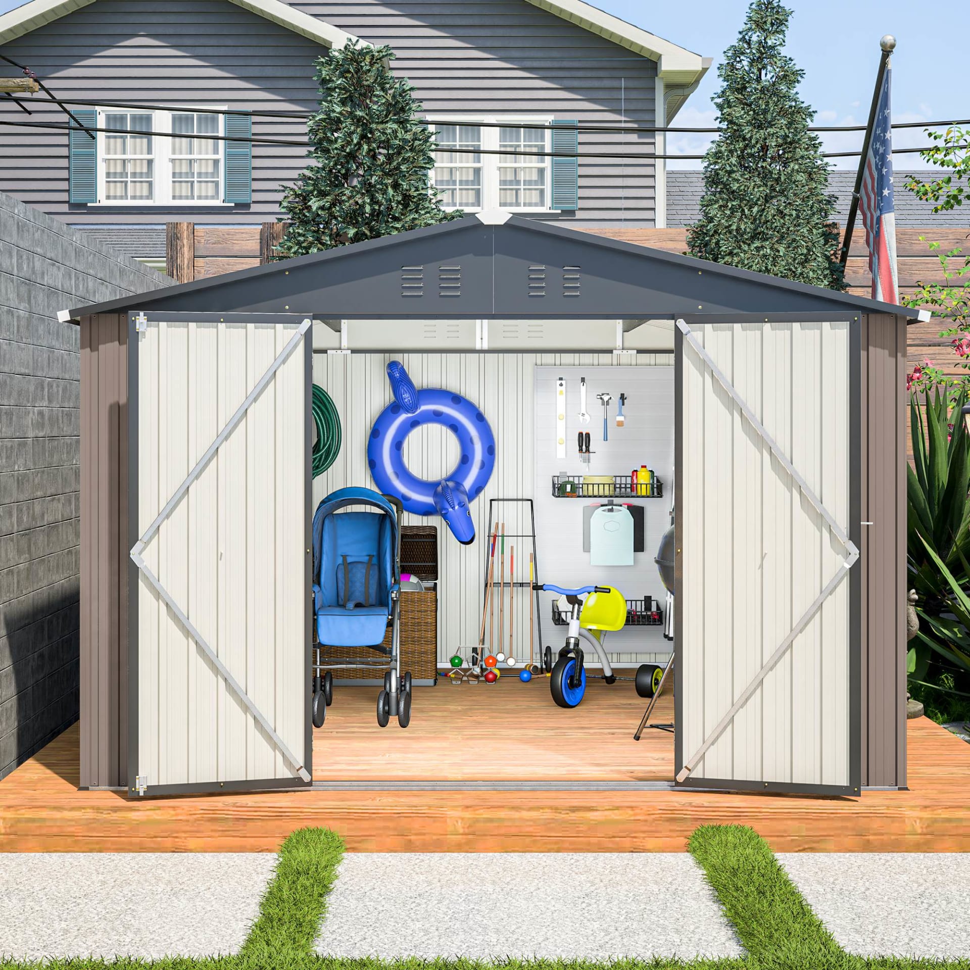 10 X 10 Ft Metal Storage Shed For Ourdoor, Steel Yard Shed With Design Of Lockable Doors, Utility And Tool Storage For Garden, Backyard, Patio, Outside Use Brown view 2