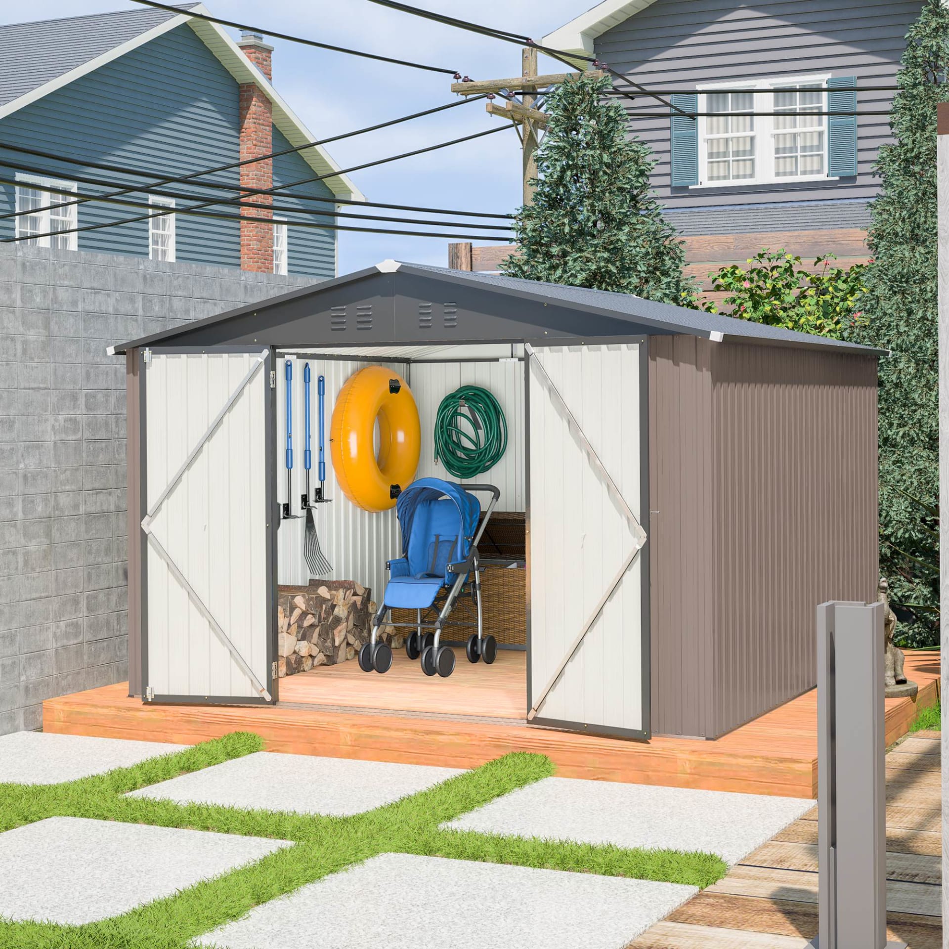 10 X 10 Ft Metal Storage Shed For Ourdoor, Steel Yard Shed With Design Of Lockable Doors, Utility And Tool Storage For Garden, Backyard, Patio, Outside Use Brown view 3