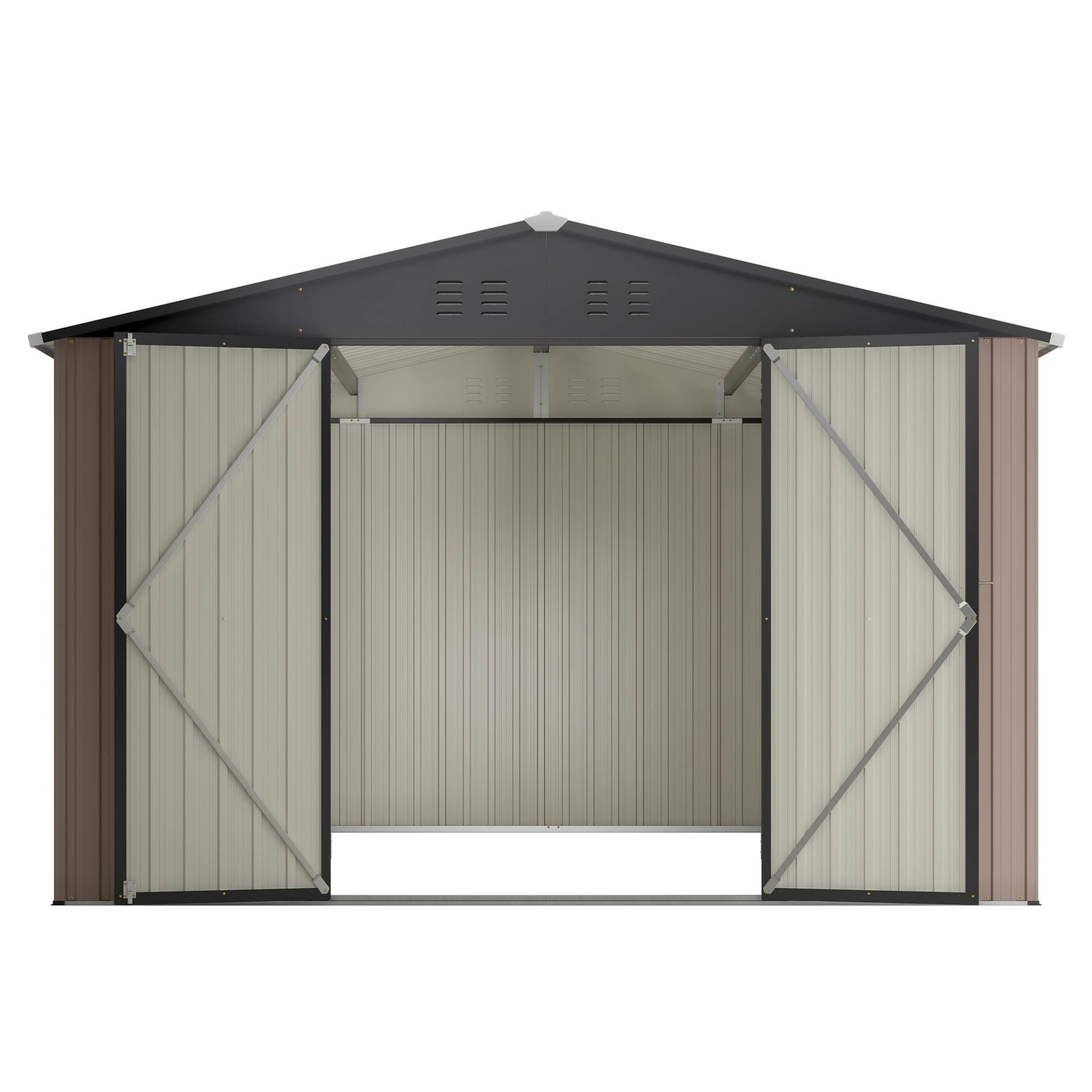 10 X 10 Ft Metal Storage Shed For Ourdoor, Steel Yard Shed With Design Of Lockable Doors, Utility And Tool Storage For Garden, Backyard, Patio, Outside Use Brown view 9
