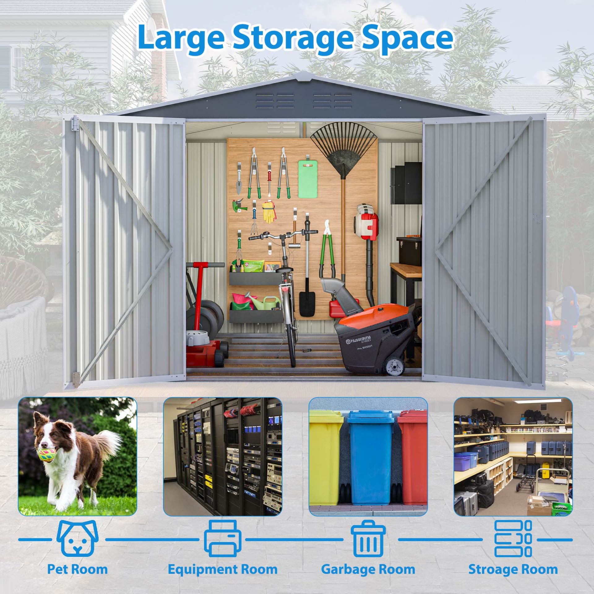 8 X 6 FT Outdoor Waterproof Garden Tool Storage Sheds With Metal Foundation With Floor Frame, Tool Shed With Lockable Hinged Doors & Air Vents, Storage House Waterproof For Backyard, Lawn, Gray view 1