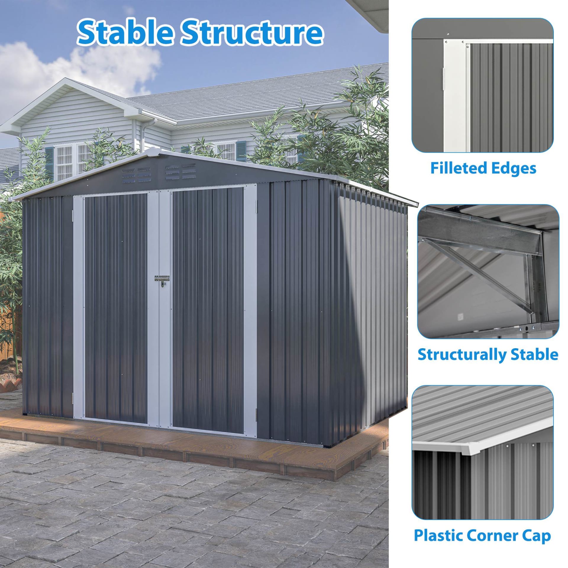 8 X 6 FT Outdoor Waterproof Garden Tool Storage Sheds With Metal Foundation With Floor Frame, Tool Shed With Lockable Hinged Doors & Air Vents, Storage House Waterproof For Backyard, Lawn, Gray view 6