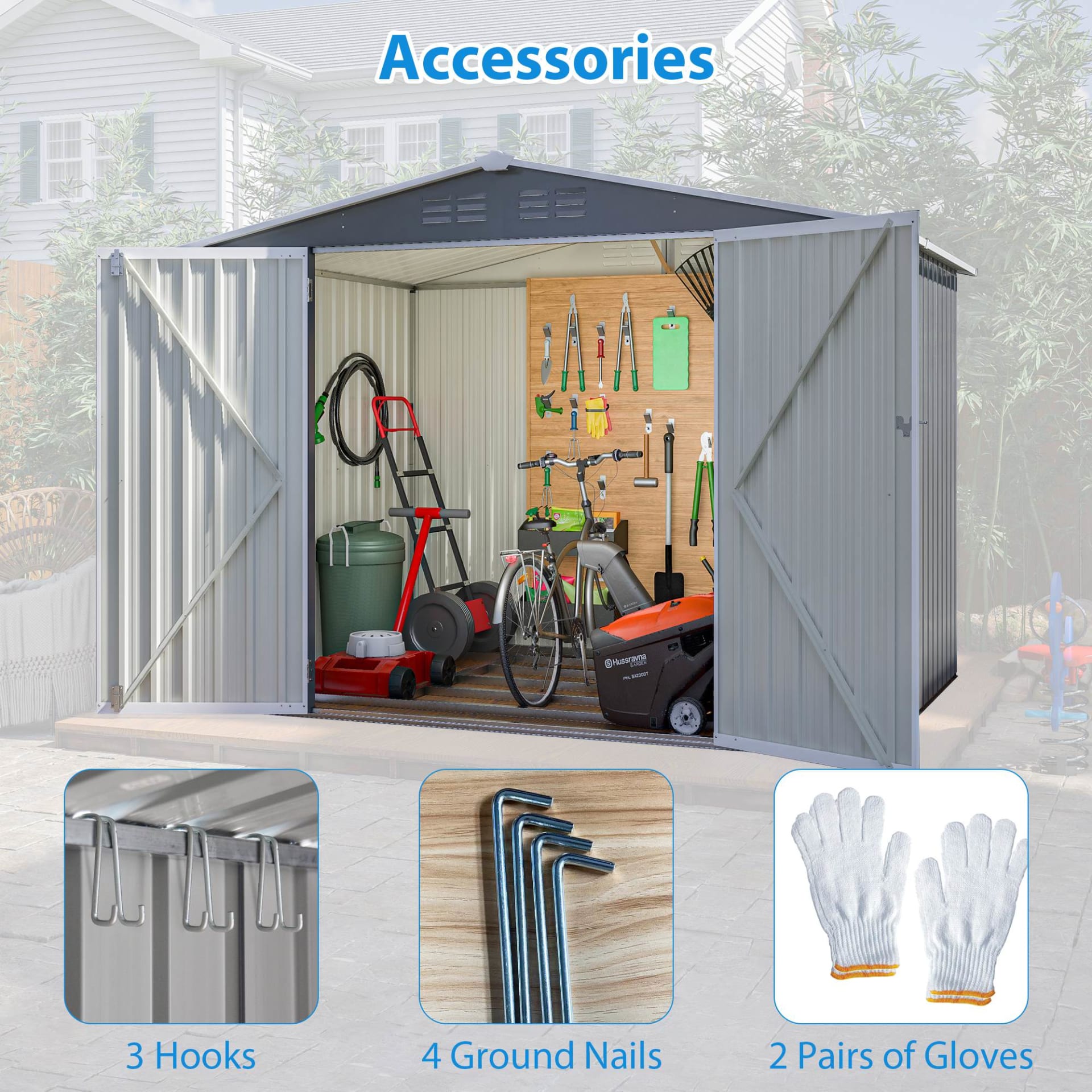 8 X 6 FT Outdoor Waterproof Garden Tool Storage Sheds With Metal Foundation With Floor Frame, Tool Shed With Lockable Hinged Doors & Air Vents, Storage House Waterproof For Backyard, Lawn, Gray view 9