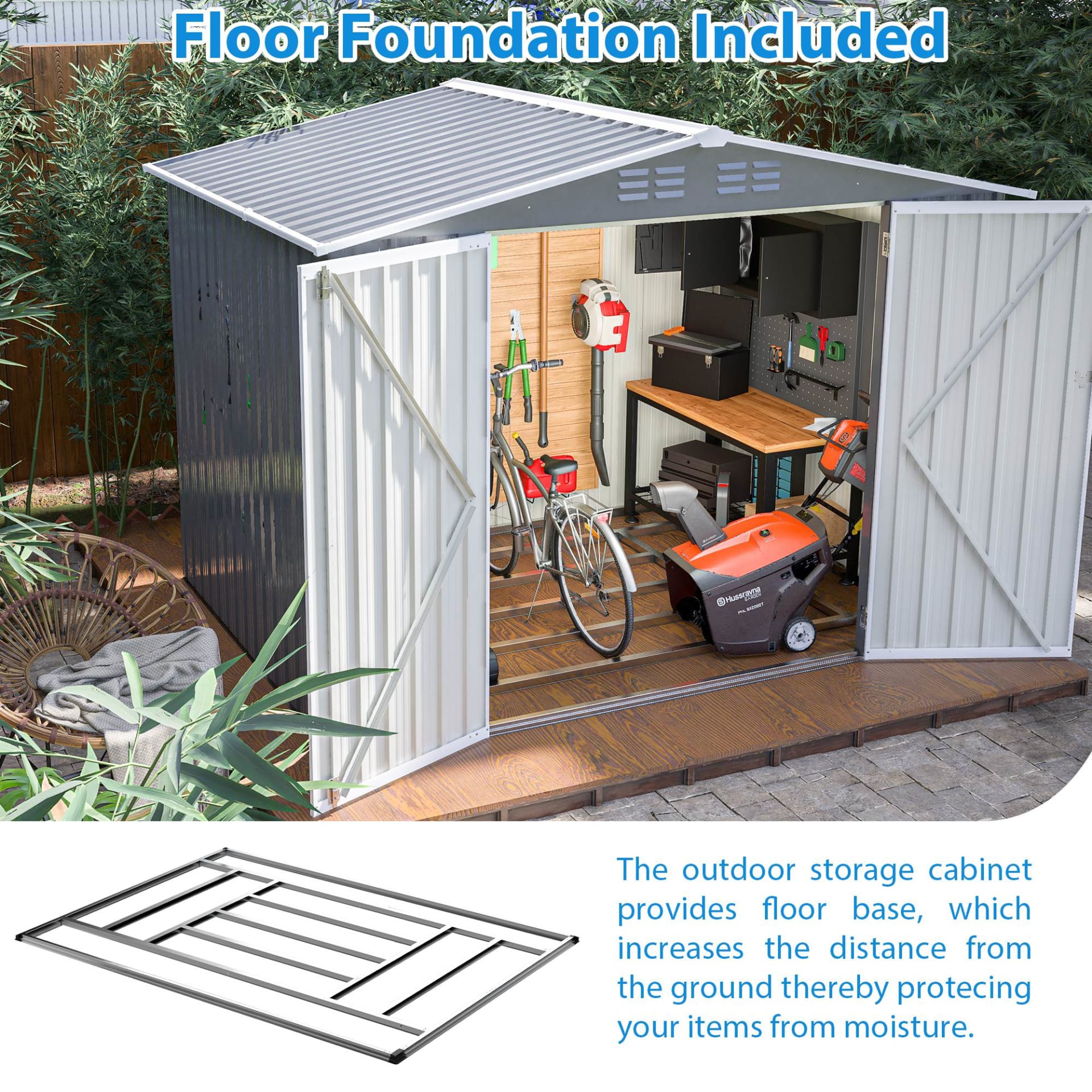 8 X 6 FT Outdoor Waterproof Garden Tool Storage Sheds With Metal Foundation With Floor Frame, Tool Shed With Lockable Hinged Doors & Air Vents, Storage House Waterproof For Backyard, Lawn, Gray view 10