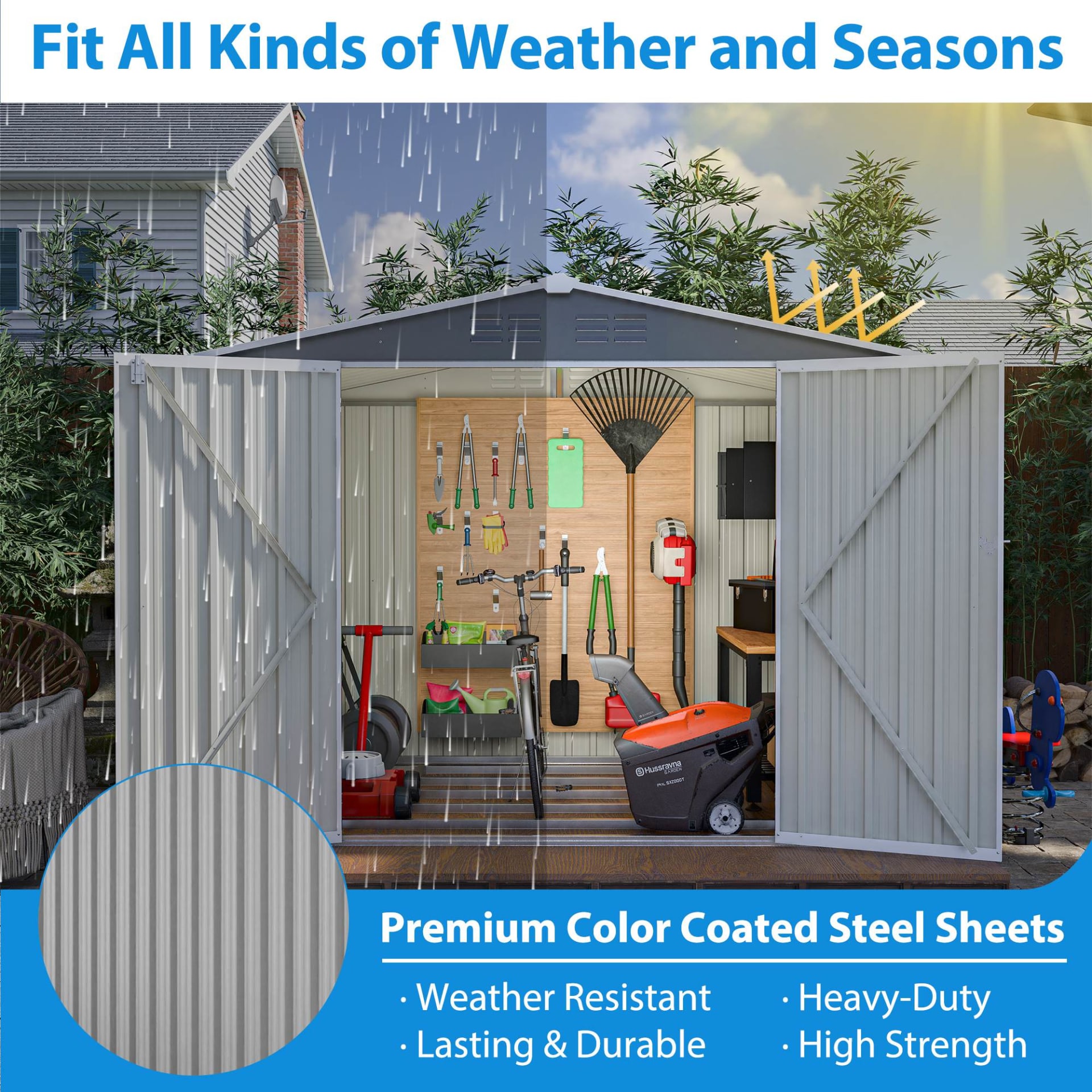 8 X 6 FT Outdoor Waterproof Garden Tool Storage Sheds With Metal Foundation With Floor Frame, Tool Shed With Lockable Hinged Doors & Air Vents, Storage House Waterproof For Backyard, Lawn, Gray view 15
