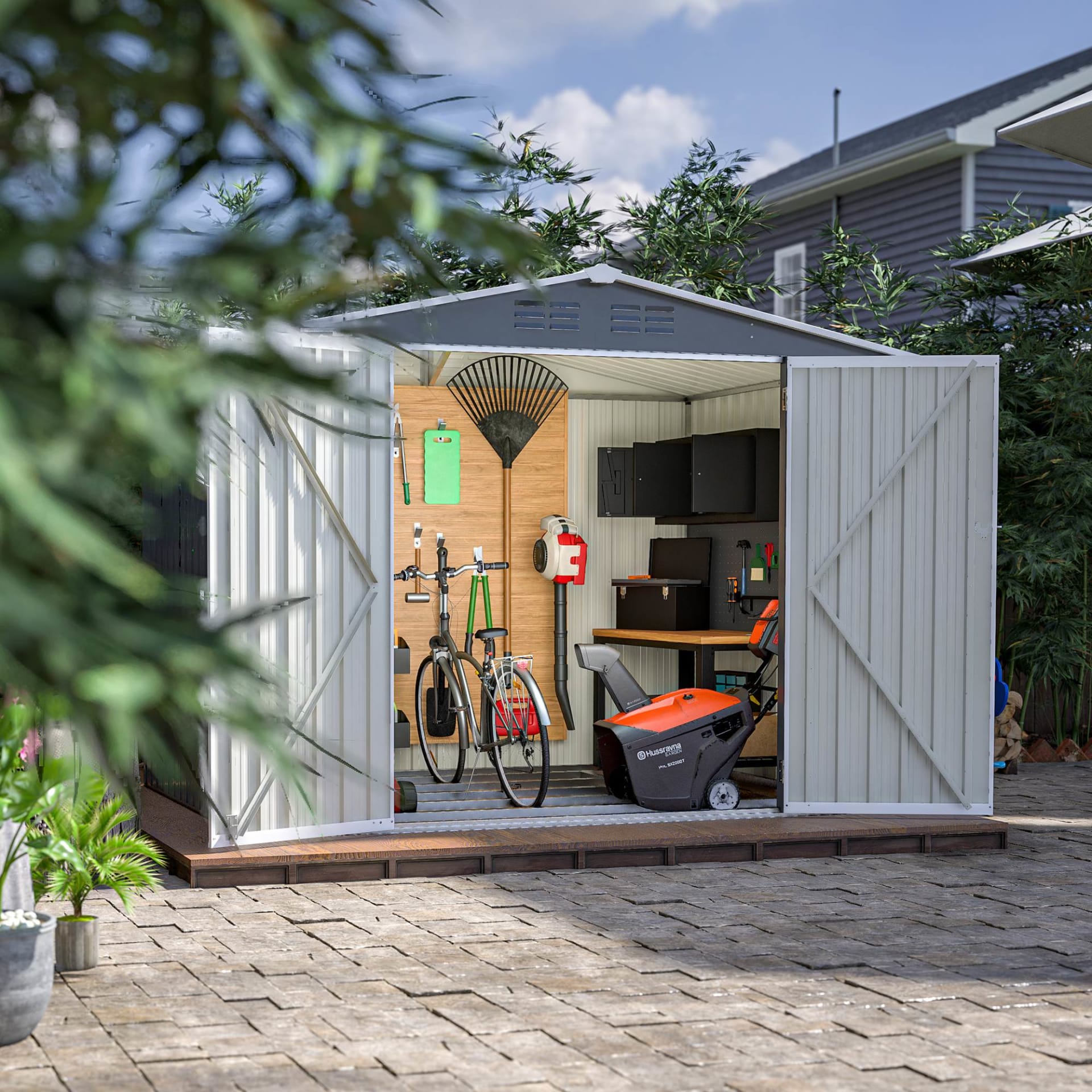 8 X 6 FT Outdoor Waterproof Garden Tool Storage Sheds With Metal Foundation With Floor Frame, Tool Shed With Lockable Hinged Doors & Air Vents, Storage House Waterproof For Backyard, Lawn, Gray view 14