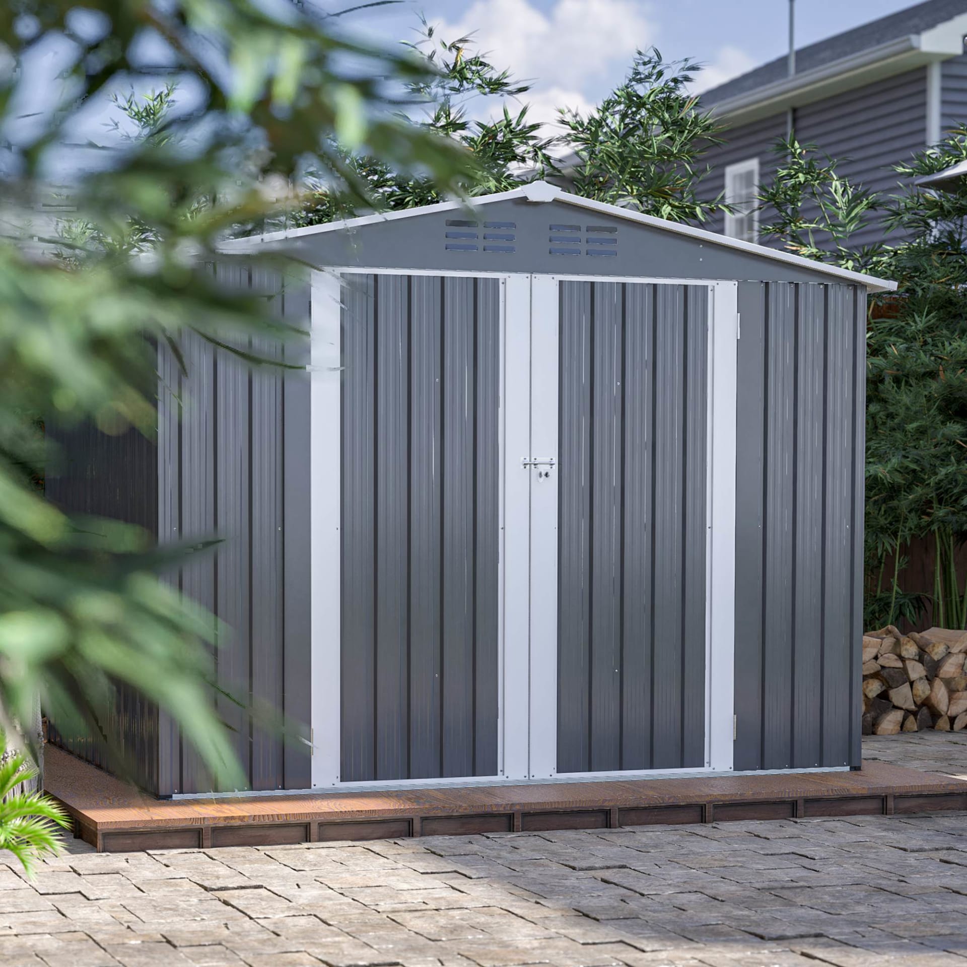 8 X 6 FT Outdoor Waterproof Garden Tool Storage Sheds With Metal Foundation With Floor Frame, Tool Shed With Lockable Hinged Doors & Air Vents, Storage House Waterproof For Backyard, Lawn, Gray view 2