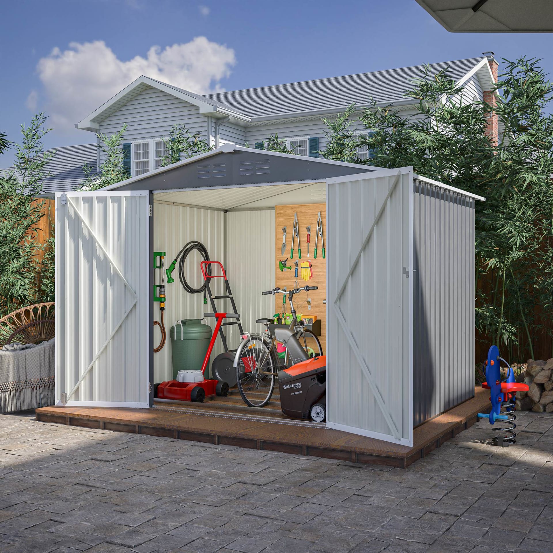 8 X 6 FT Outdoor Waterproof Garden Tool Storage Sheds With Metal Foundation With Floor Frame, Tool Shed With Lockable Hinged Doors & Air Vents, Storage House Waterproof For Backyard, Lawn, Gray view 8