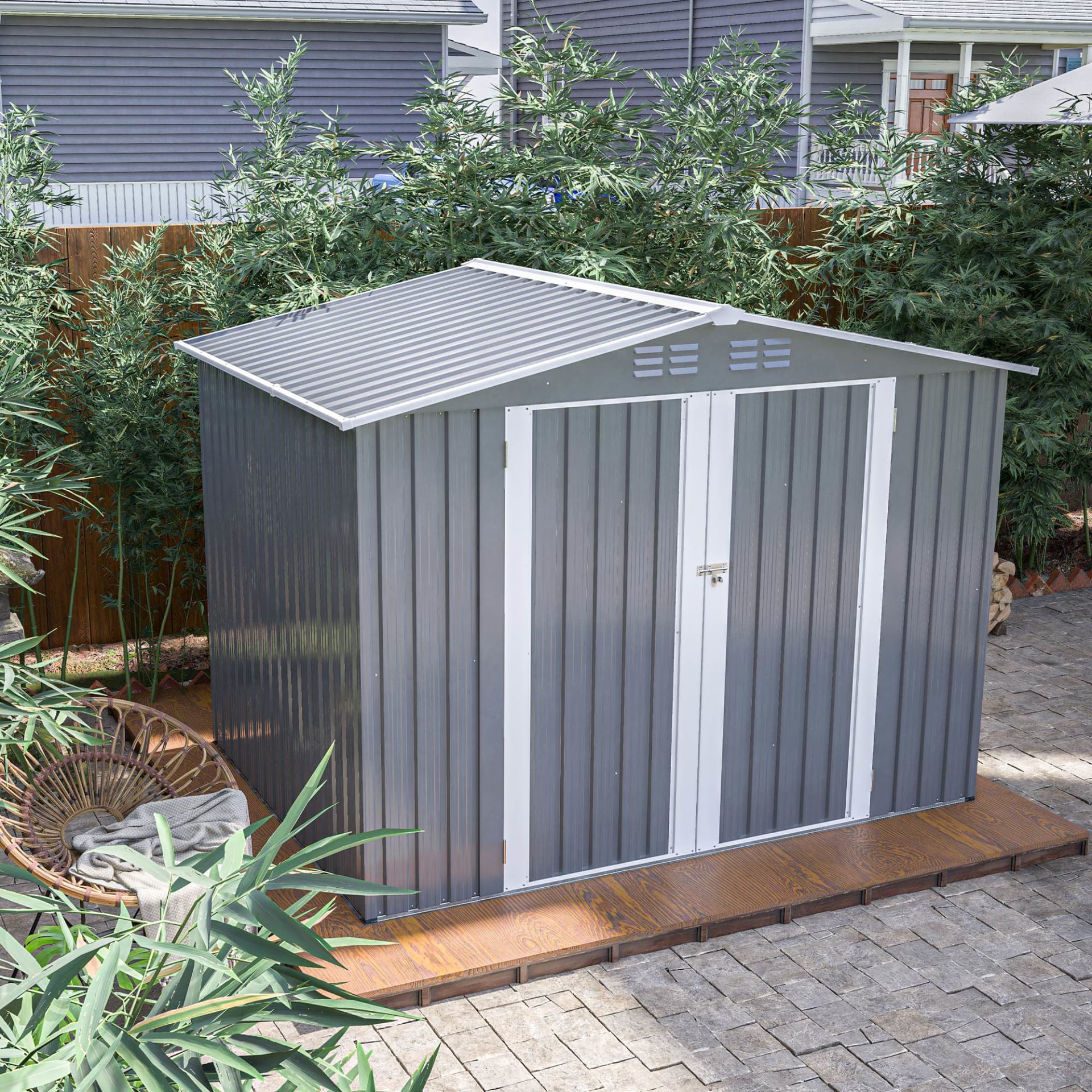 8 X 6 FT Outdoor Waterproof Garden Tool Storage Sheds With Metal Foundation With Floor Frame, Tool Shed With Lockable Hinged Doors & Air Vents, Storage House Waterproof For Backyard, Lawn, Gray view 12