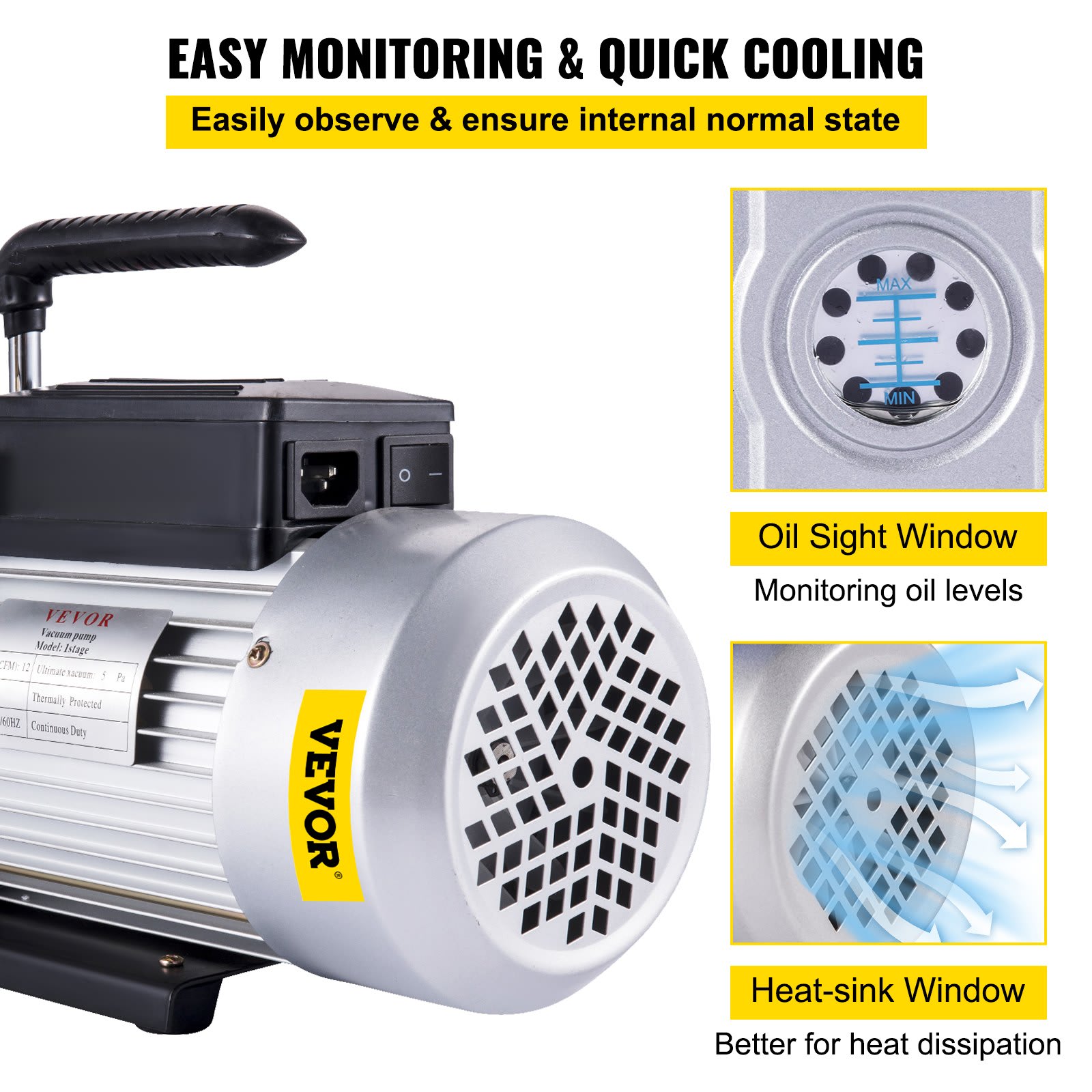 Vacuum-Pump 12CFM Single Stage Air Conditioning Vacuum,Pump 110V 5PA Ultimate Vacuum Refrigerant HVAC Air Tool Rotary Vane Vacuum-Pump For Automobile Vacuum Evacuation 1-Stage, 12CFM view 2