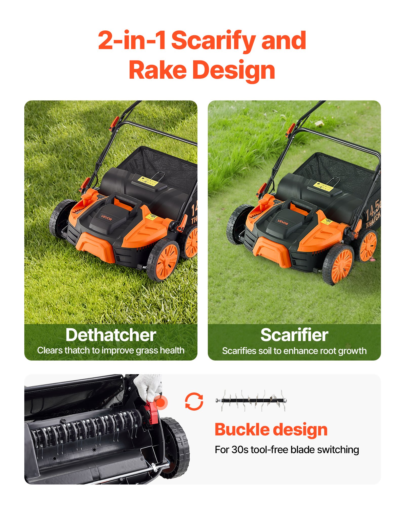 2-in-1 Electric Dethatcher And Scarifier, 16-Inch 15 Amp, Corded Lawn Dethatcher With 14.5-Gallon Thatch Collection Bag, 5-Position Depth Adjustment, Walk Behind Machine For Garden Yard Grass view 5