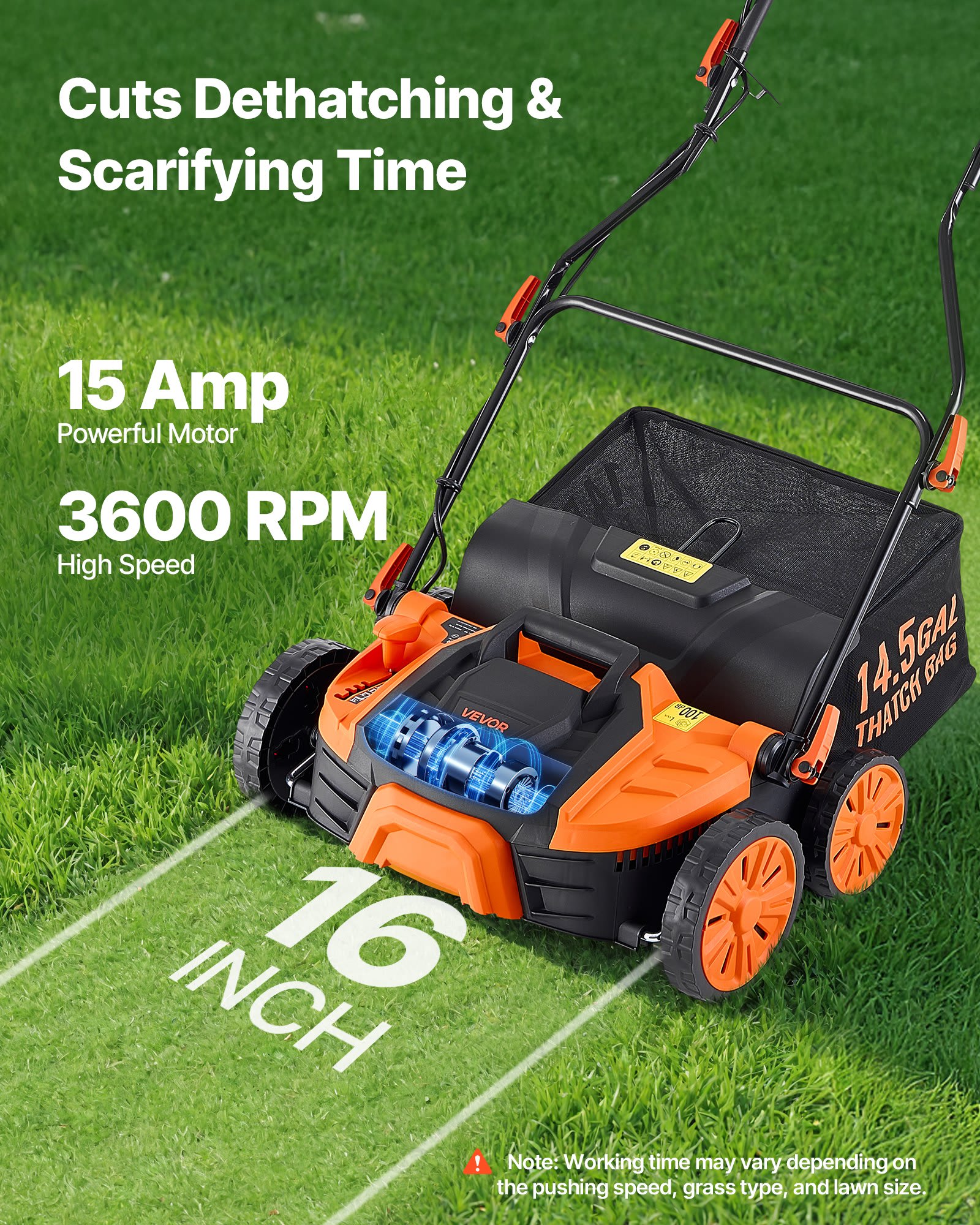 2-in-1 Electric Dethatcher And Scarifier, 16-Inch 15 Amp, Corded Lawn Dethatcher With 14.5-Gallon Thatch Collection Bag, 5-Position Depth Adjustment, Walk Behind Machine For Garden Yard Grass view 4