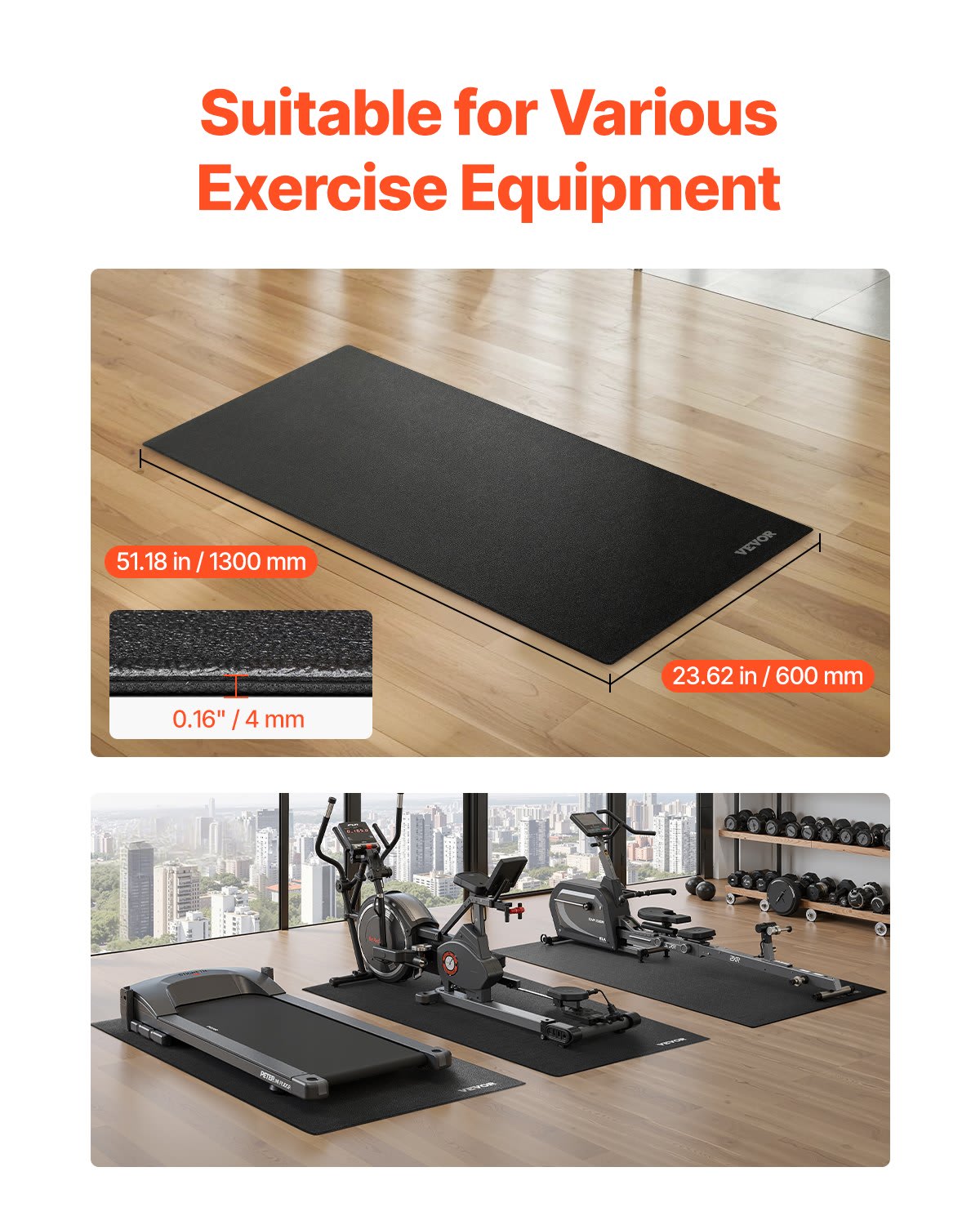 Treadmill Mat For Carpet Floor, 23.62'- 51.18' - 0.16' Exercise Equipment Mat For Elliptical And Walking Pad, High Density PVC Floor Protector, Waterproof And Non-slip For Home Gym view 2
