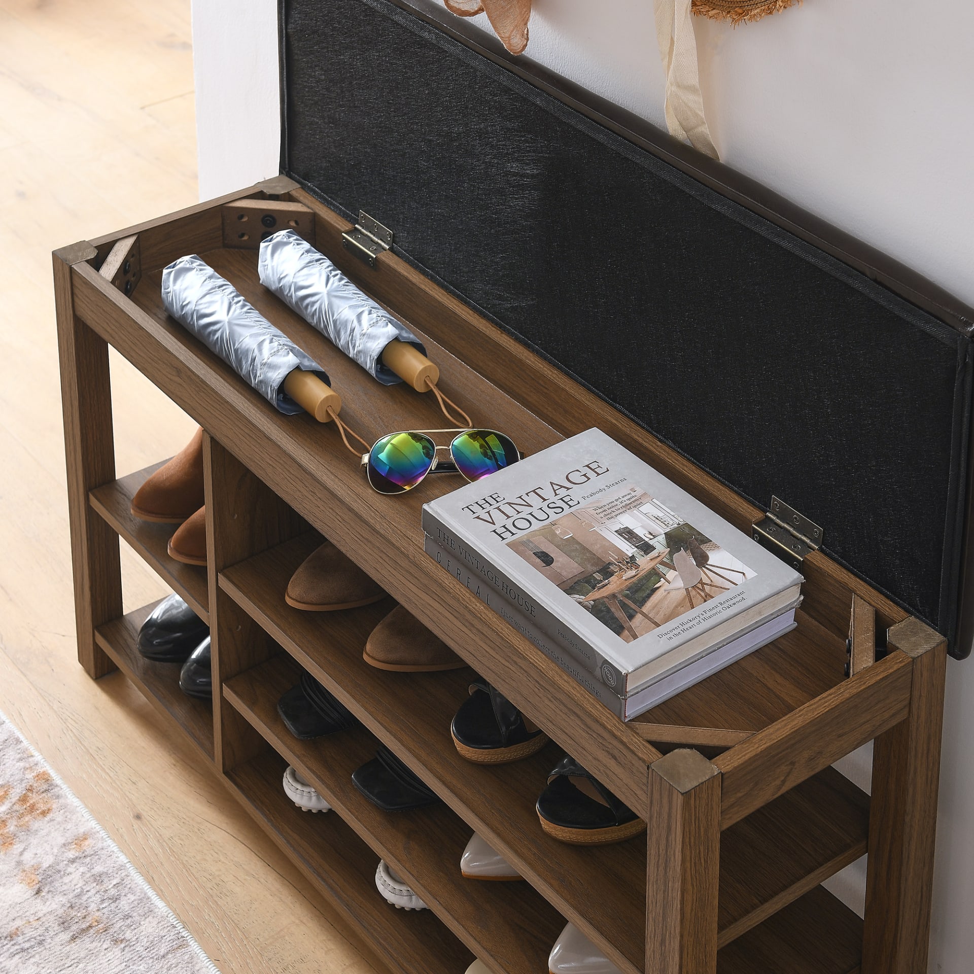 A Height-adjustable Long Shoe-changing Bench,made Of Natural Rubberwood,comes With A Comfortable Seat,concealed Storage Space And Large Storage Compartments. Features Natural Wood Grain.Brown view 5