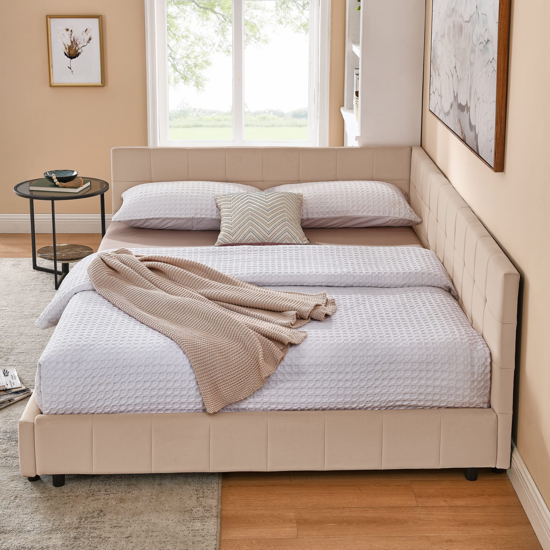 Queen Size Upholstered Tufted Bed Frame, Sofa Bed Frame With Comfortable Backrest And Armrests, Queen Size Bed For Bedroom, Living Room,Velvet, Pink 85.5x64.5x30.5 view 3