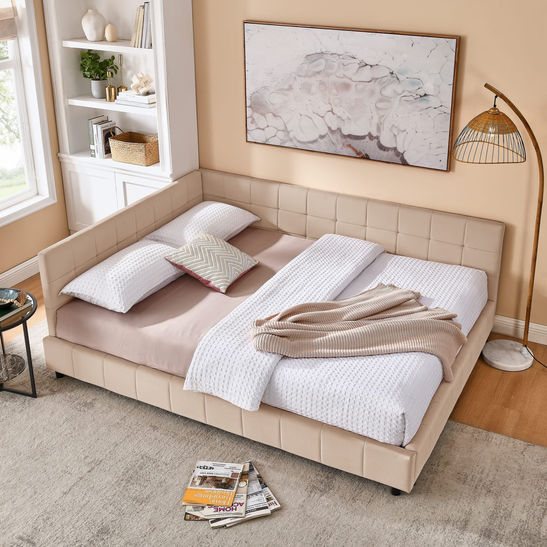 Queen Size Upholstered Tufted Bed Frame, Sofa Bed Frame With Comfortable Backrest And Armrests, Queen Size Bed For Bedroom, Living Room,Velvet, Pink 85.5x64.5x30.5 view 2