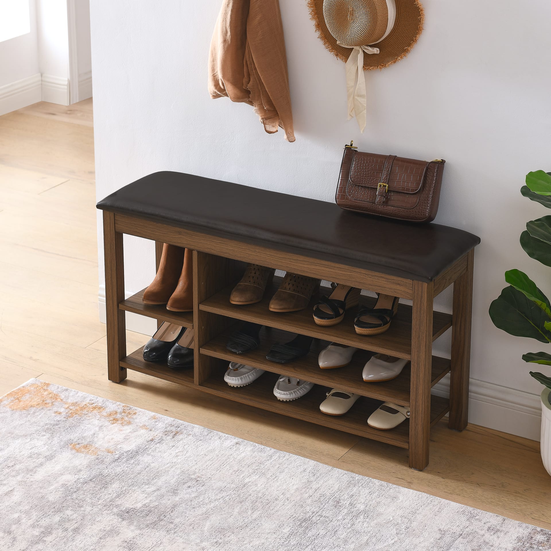 A Height-adjustable Long Shoe-changing Bench,made Of Natural Rubberwood,comes With A Comfortable Seat,concealed Storage Space And Large Storage Compartments. Features Natural Wood Grain.Brown view 2