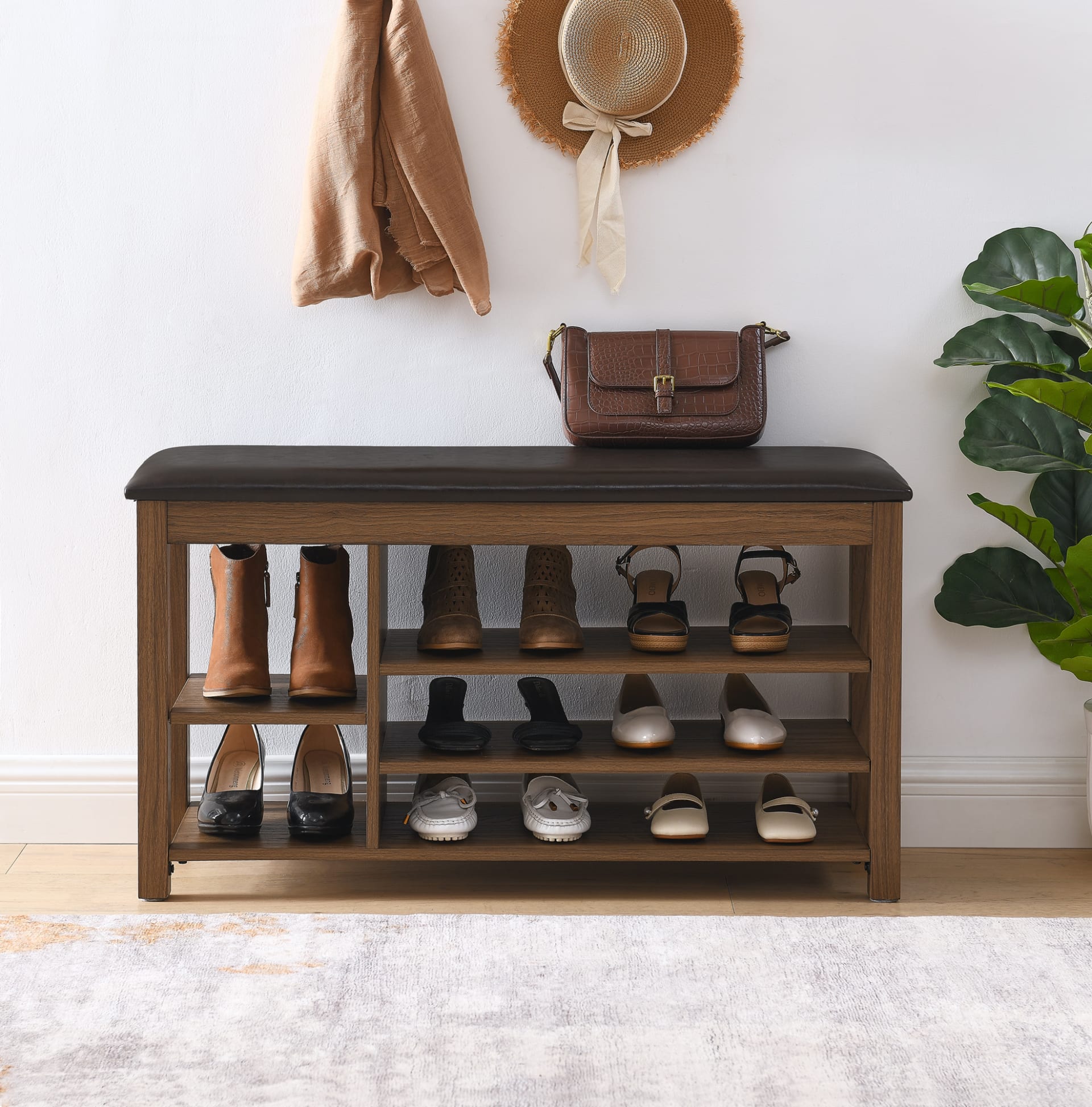 A Height-adjustable Long Shoe-changing Bench,made Of Natural Rubberwood,comes With A Comfortable Seat,concealed Storage Space And Large Storage Compartments. Features Natural Wood Grain.Brown view 4