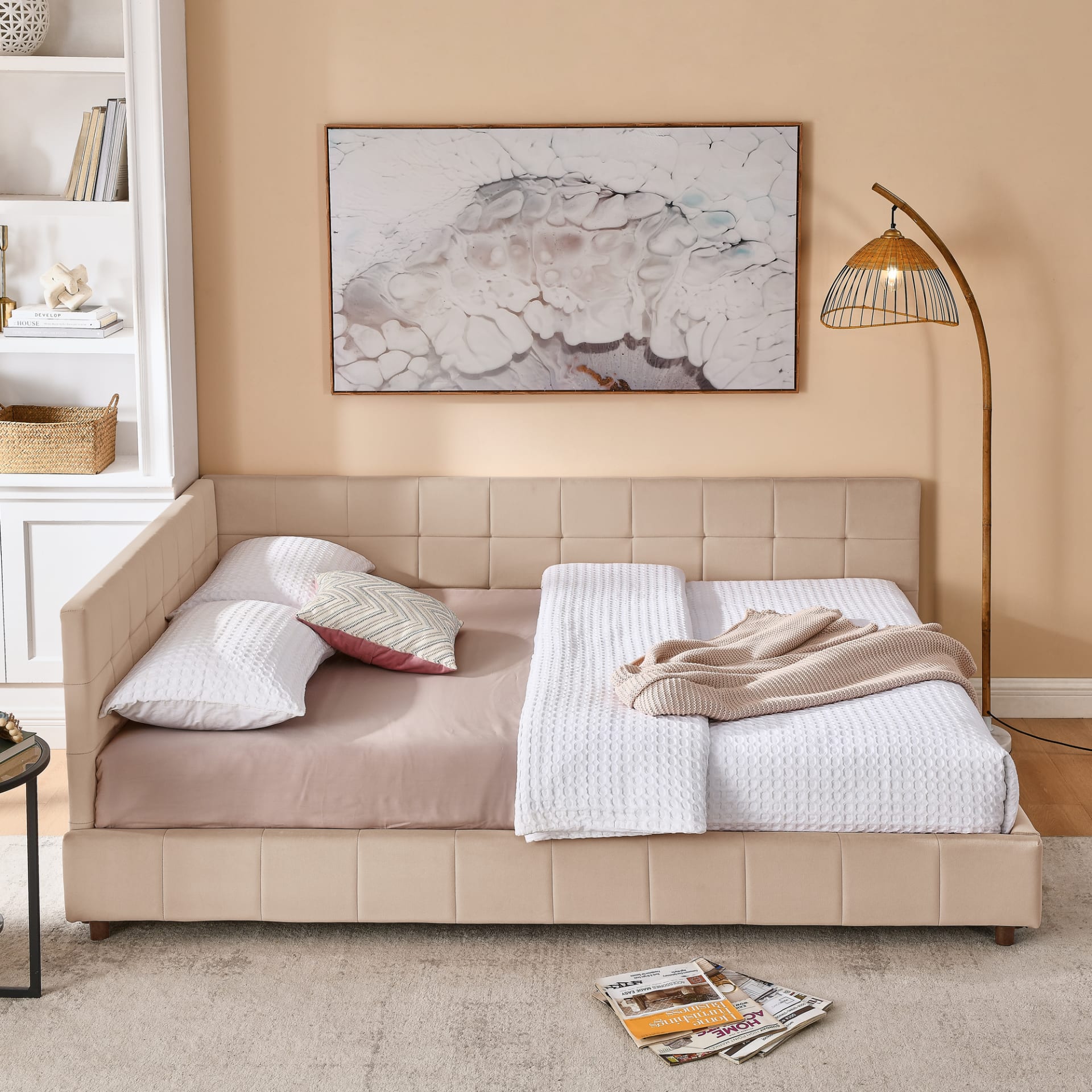 Queen Size Upholstered Tufted Bed Frame, Sofa Bed Frame With Comfortable Backrest And Armrests, Queen Size Bed For Bedroom, Living Room,Velvet, Pink 85.5x64.5x30.5 view 5