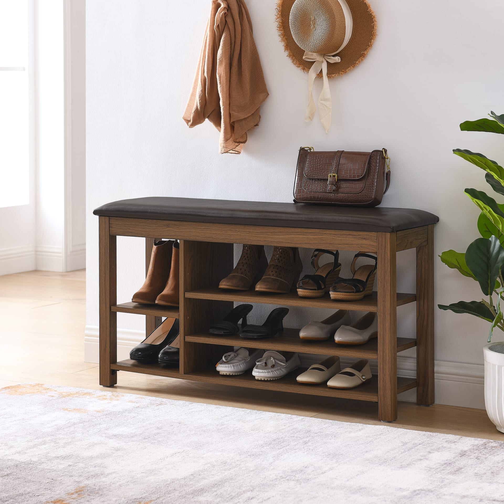A Height-adjustable Long Shoe-changing Bench,made Of Natural Rubberwood,comes With A Comfortable Seat,concealed Storage Space And Large Storage Compartments. Features Natural Wood Grain.Brown view 3