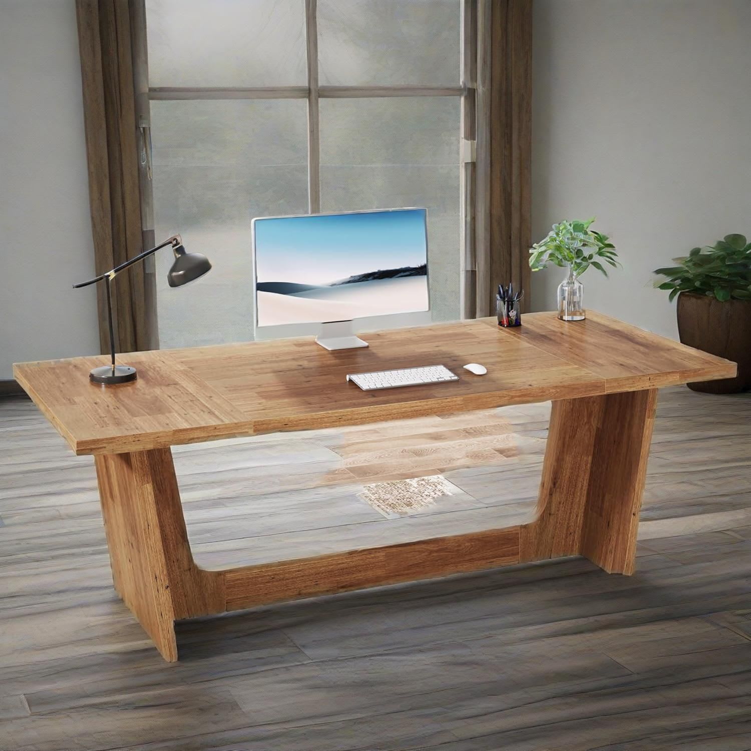 70.87-Inch Executive Computer Desk: Large Home Office Desk With Solid Wooden Pedestal, Industrial Wood Study Writing Table view 4