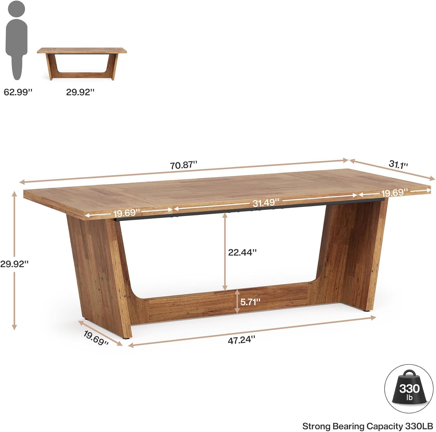 70.87-Inch Executive Computer Desk: Large Home Office Desk With Solid Wooden Pedestal, Industrial Wood Study Writing Table view 2