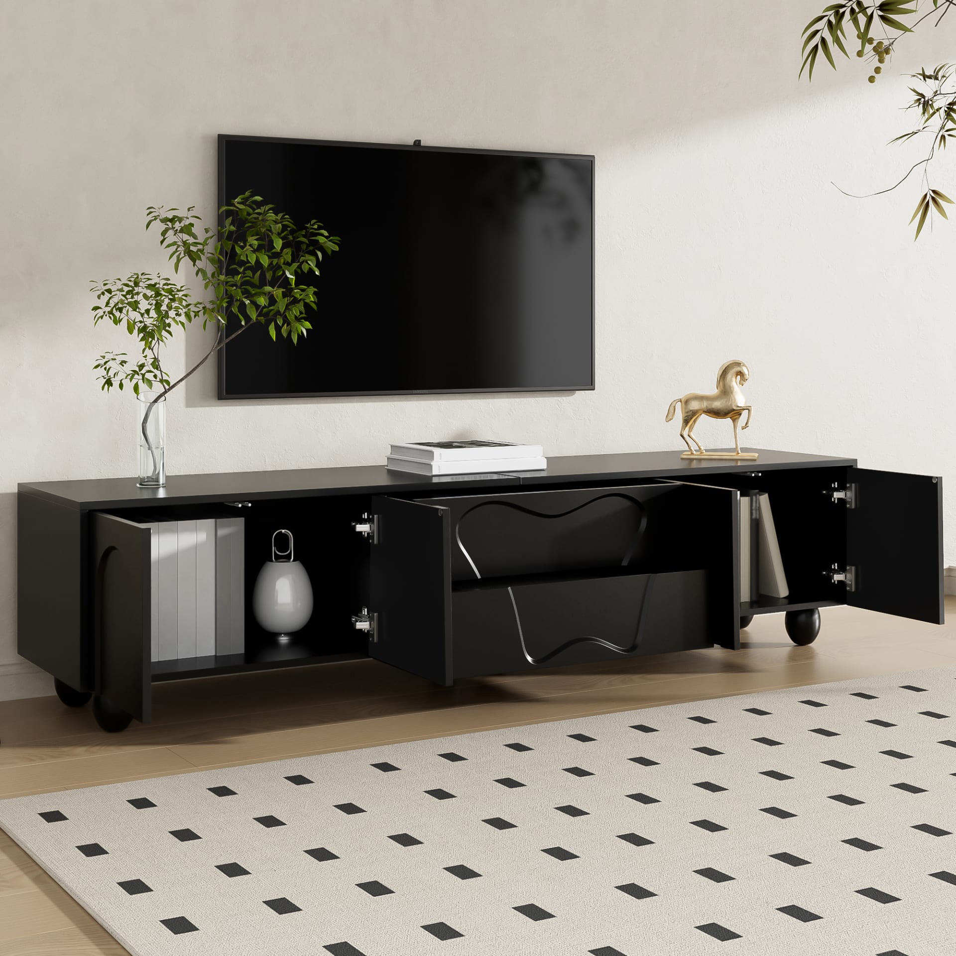 180 Cm Black TV Cabinet With Wooden Legs  A Minimalist And Elegant TV Cabinet With Ample Storage Space, A Unique Design, And Flexible Storage Solutions For A Stylish Living Room. view 4