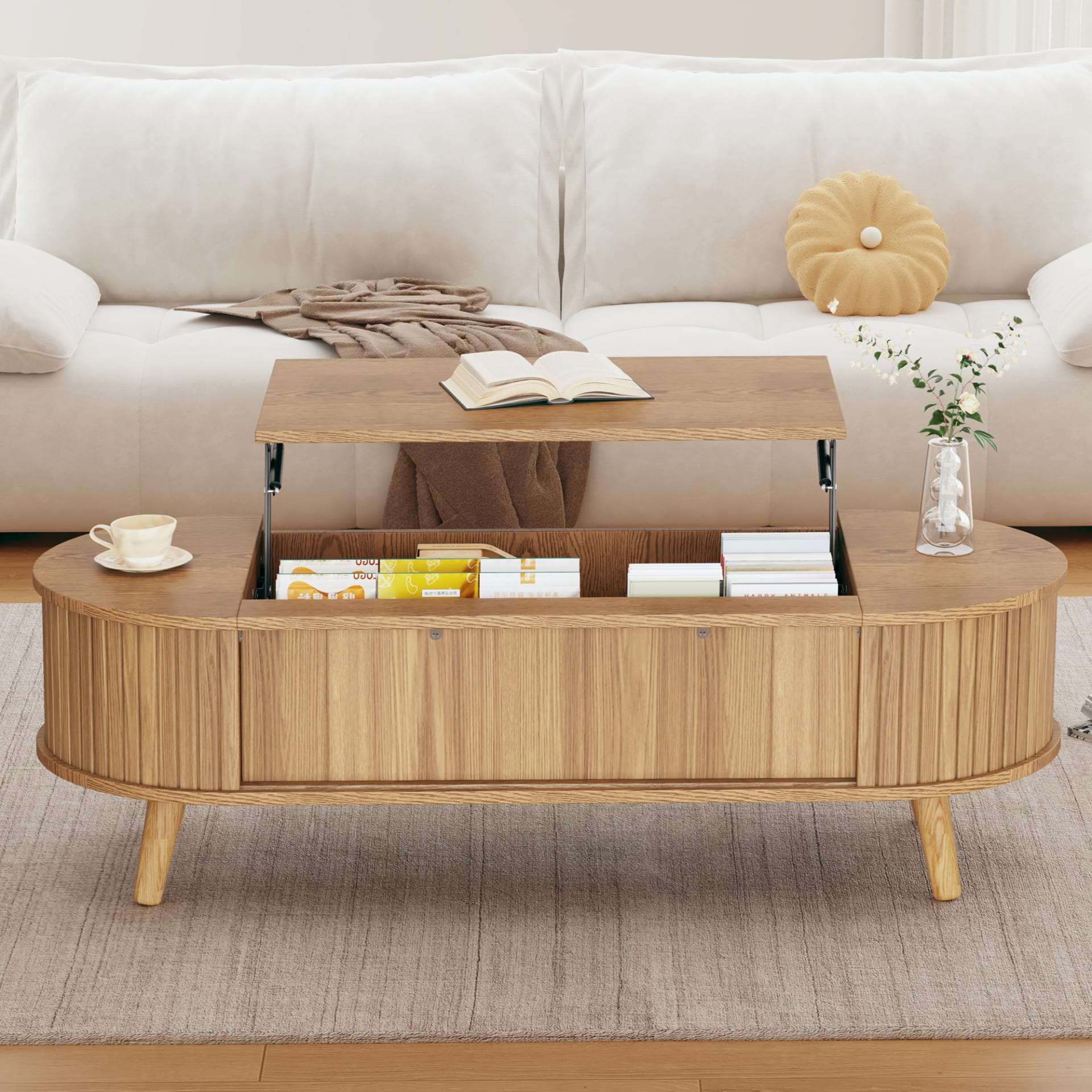 Lift Up Oval Coffee Table With Hidden Storage, Centre Table, Lifting Sofa Side Table, Space-saving End Table For Living Room Bedroom, Reception, Tea Table, 120 X 50 X 39.5cm, Natural Wood view 1