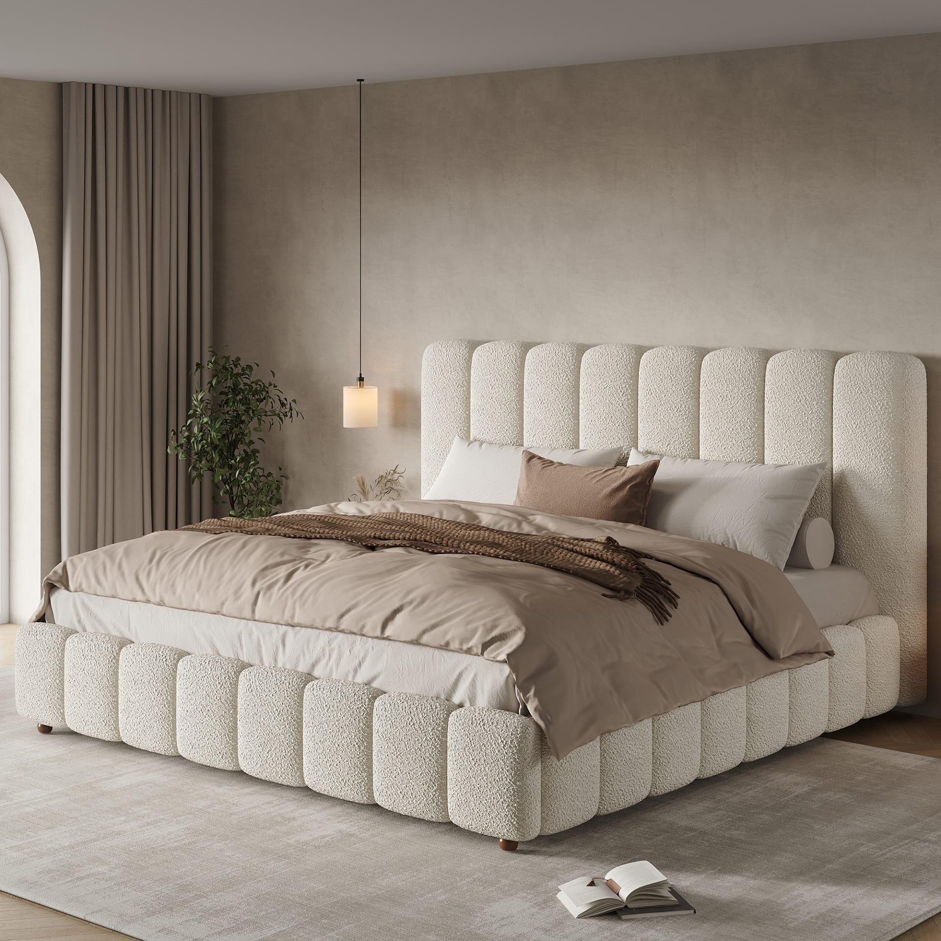 Upholstered Bed, King Size Bed, 5ft-150x200cm, Hydraulic Functional Bed, Bed With Slatted Frame, Headboard And Large Storage Space, Padded Headboard, White Boucle view 2