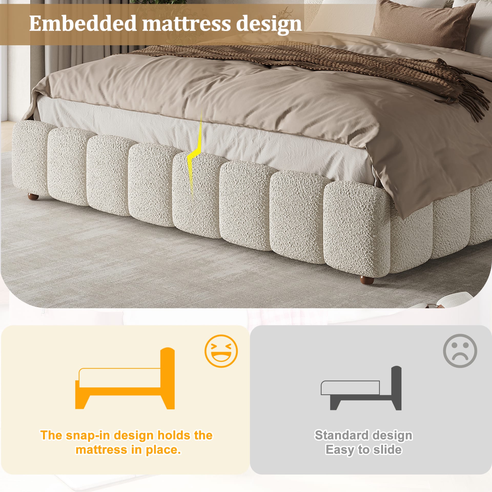 Upholstered Bed, King Size Bed, 5ft-150x200cm, Hydraulic Functional Bed, Bed With Slatted Frame, Headboard And Large Storage Space, Padded Headboard, White Boucle view 4
