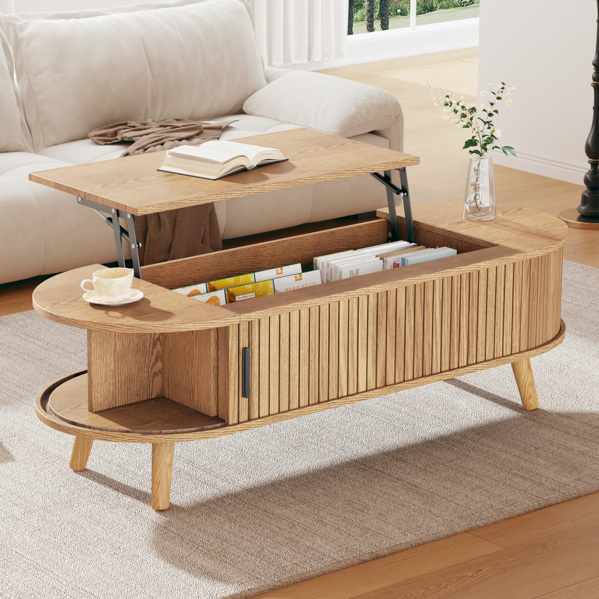 Lift Up Oval Coffee Table With Hidden Storage, Centre Table, Lifting Sofa Side Table, Space-saving End Table For Living Room Bedroom, Reception, Tea Table, 120 X 50 X 39.5cm, Natural Wood view 3