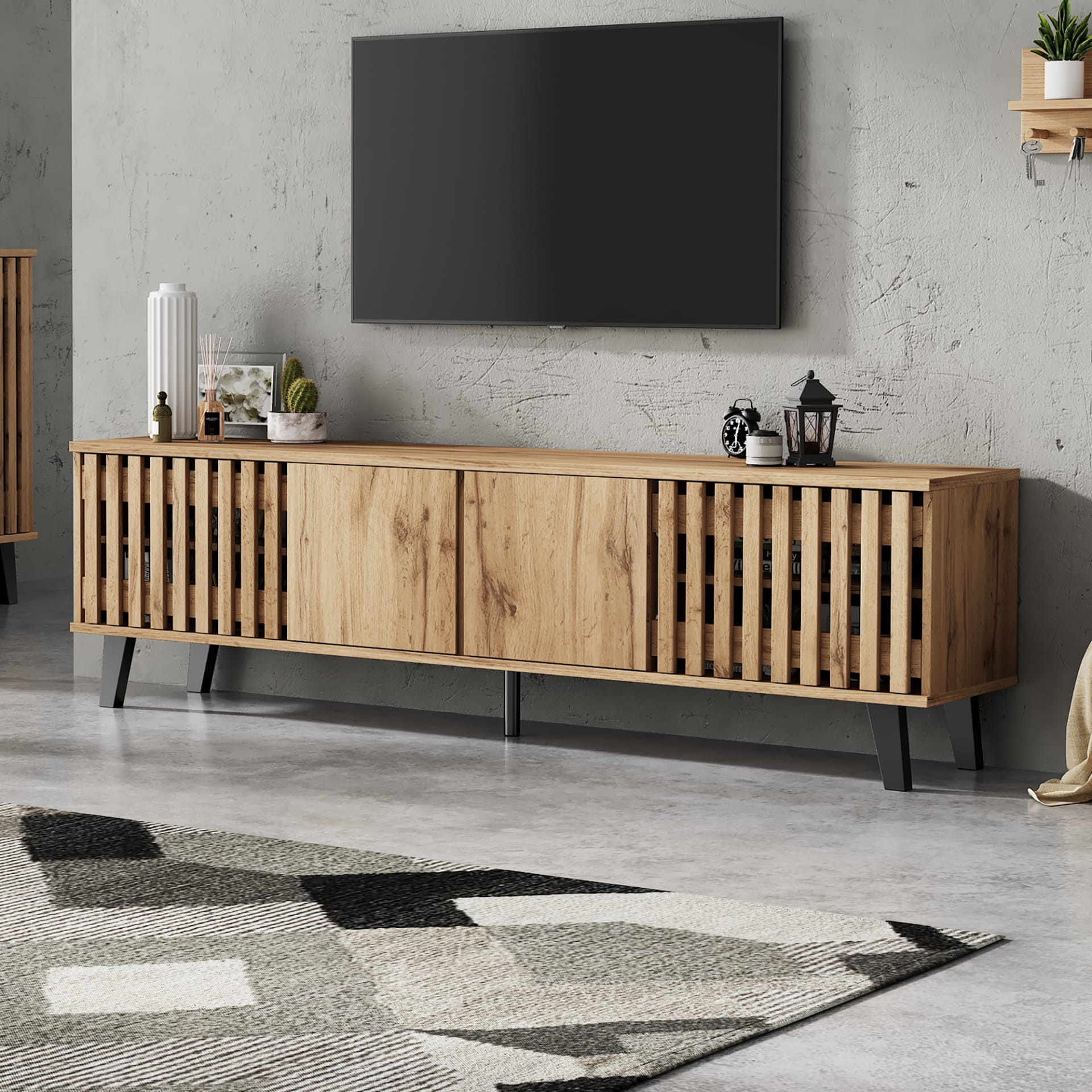 Modern Vintage TV Stand With 4 Doors, TV Cabinet Storage Sideboard With Unique Design,TV Entertainment Center, For Livingroom Bedroom, TV Console,TV Unit, 180x40x55cm, Wood, For 70 Inch TV