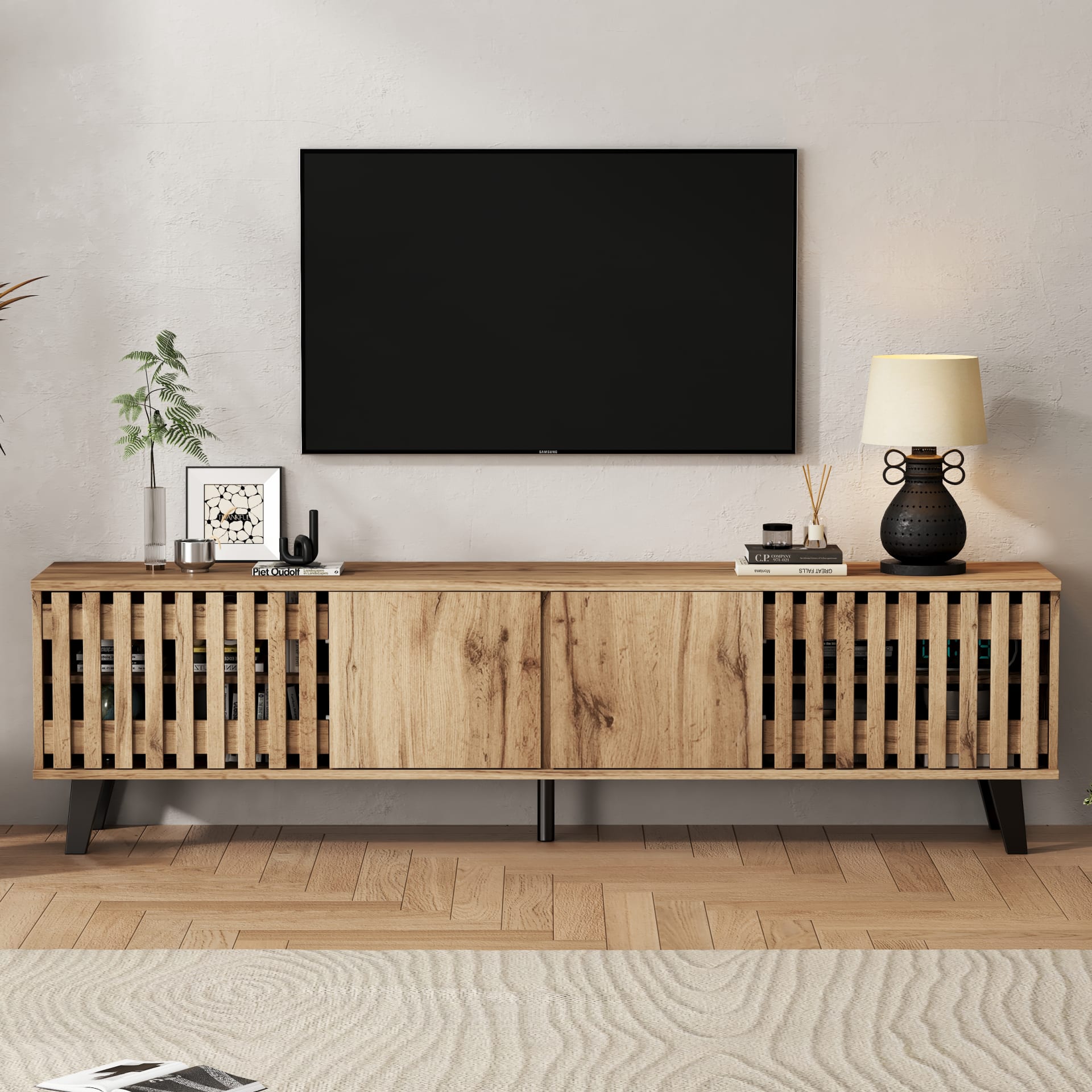 Modern Vintage TV Stand With 4 Doors, TV Cabinet Storage Sideboard With Unique Design,TV Entertainment Center, For Livingroom Bedroom, TV Console,TV Unit, 180x40x55cm, Wood, For 70 Inch TV view 4
