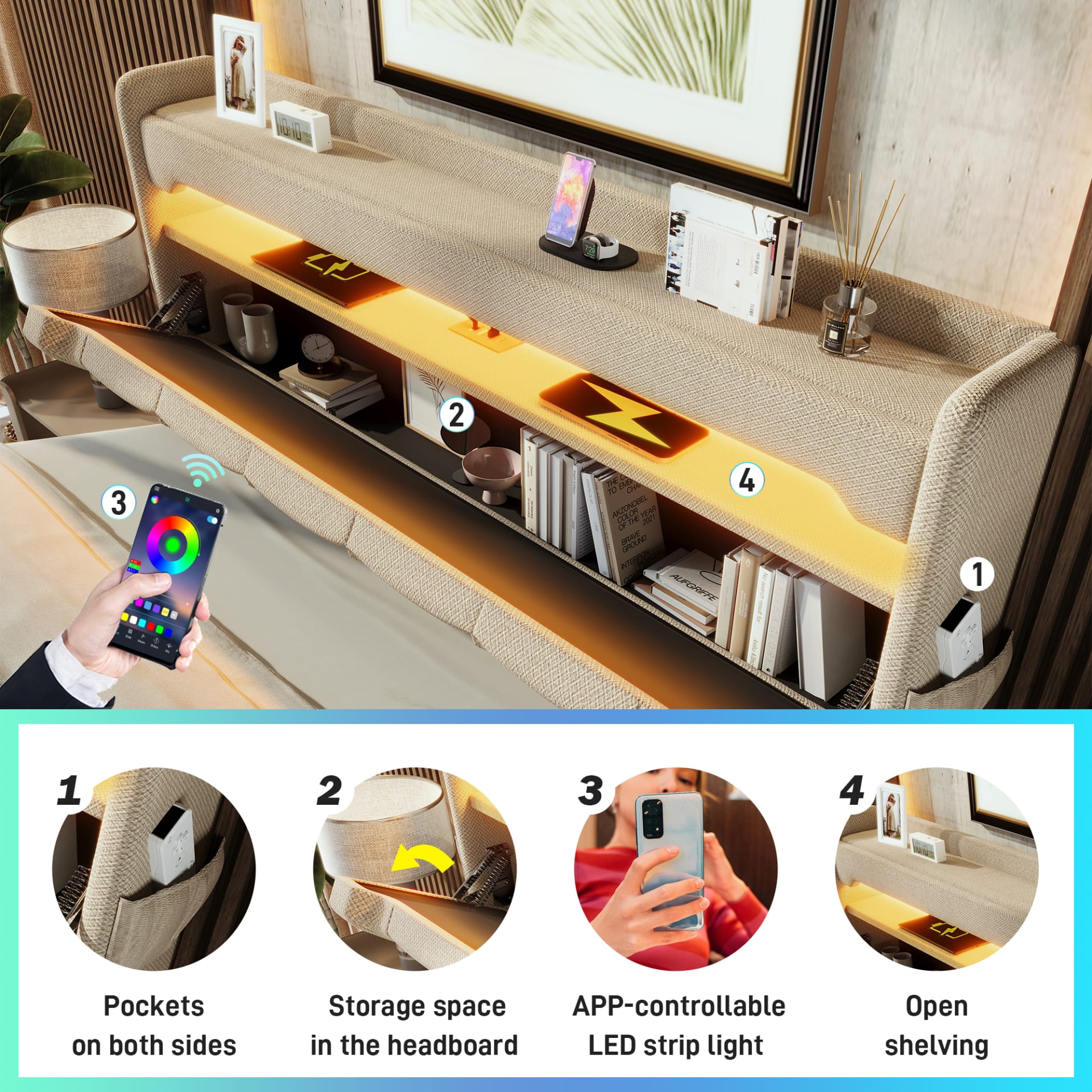 Upholstered Bed 135 X 190 Cm With LED Lighting, USB Type-C Charging, Storage Headboard For Cellphones And Tablets, 4ft6 Hydraulic Storage Bed With Metal Slatted Frame, Linen, Beige No Mattress view 2