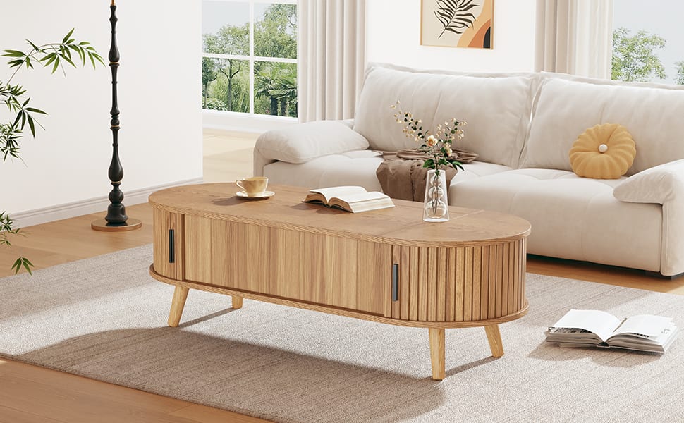Lift Up Oval Coffee Table With Hidden Storage, Centre Table, Lifting Sofa Side Table, Space-saving End Table For Living Room Bedroom, Reception, Tea Table, 120 X 50 X 39.5cm, Natural Wood view 5