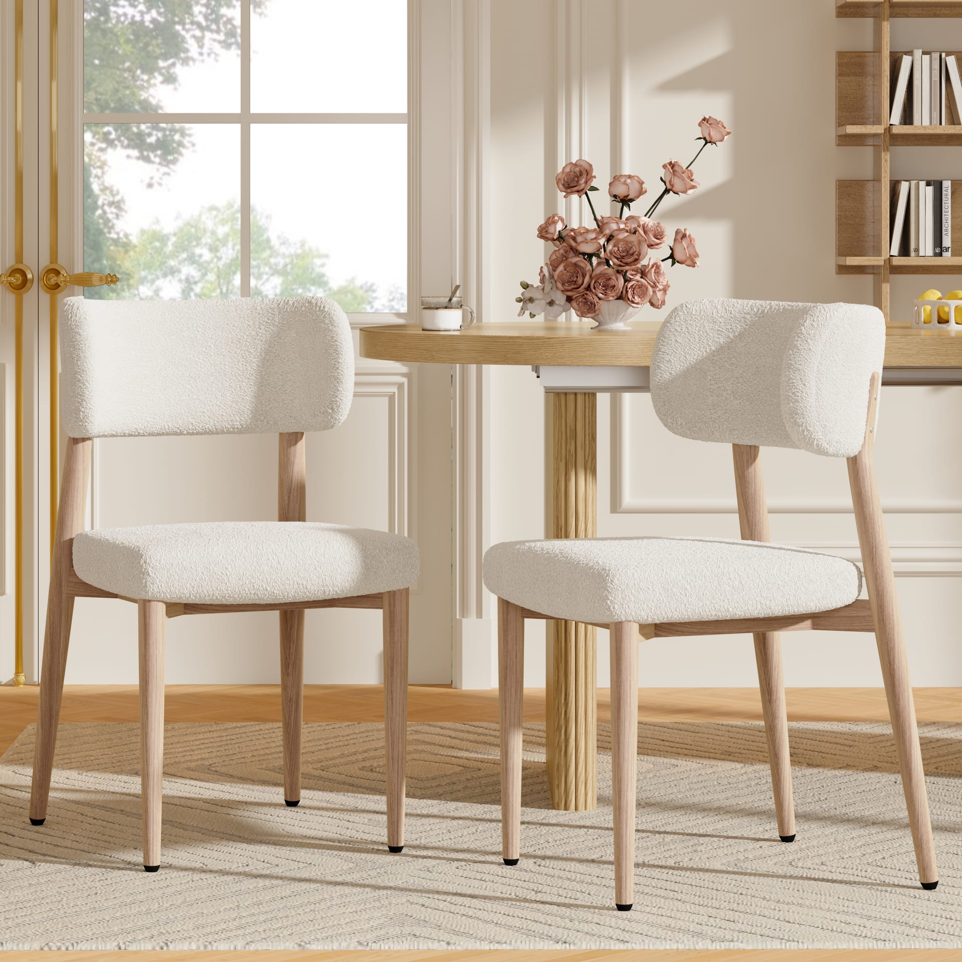 Set Of 4, Metal Chairs, Dining Chairs, Suitable For Homes, Restaurants, Living Rooms, And Cafes, Boucle, Natural Wood Color view 4