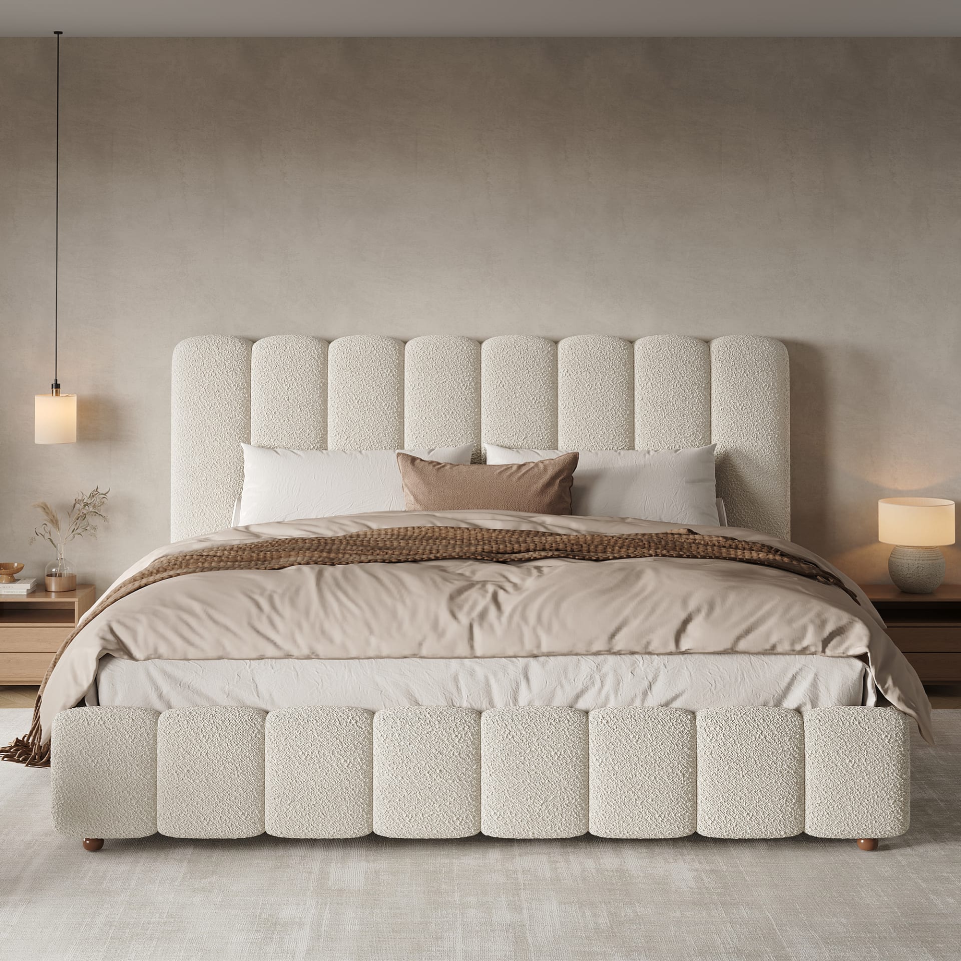 Upholstered Bed, King Size Bed, 5ft-150x200cm, Hydraulic Functional Bed, Bed With Slatted Frame, Headboard And Large Storage Space, Padded Headboard, White Boucle view 1