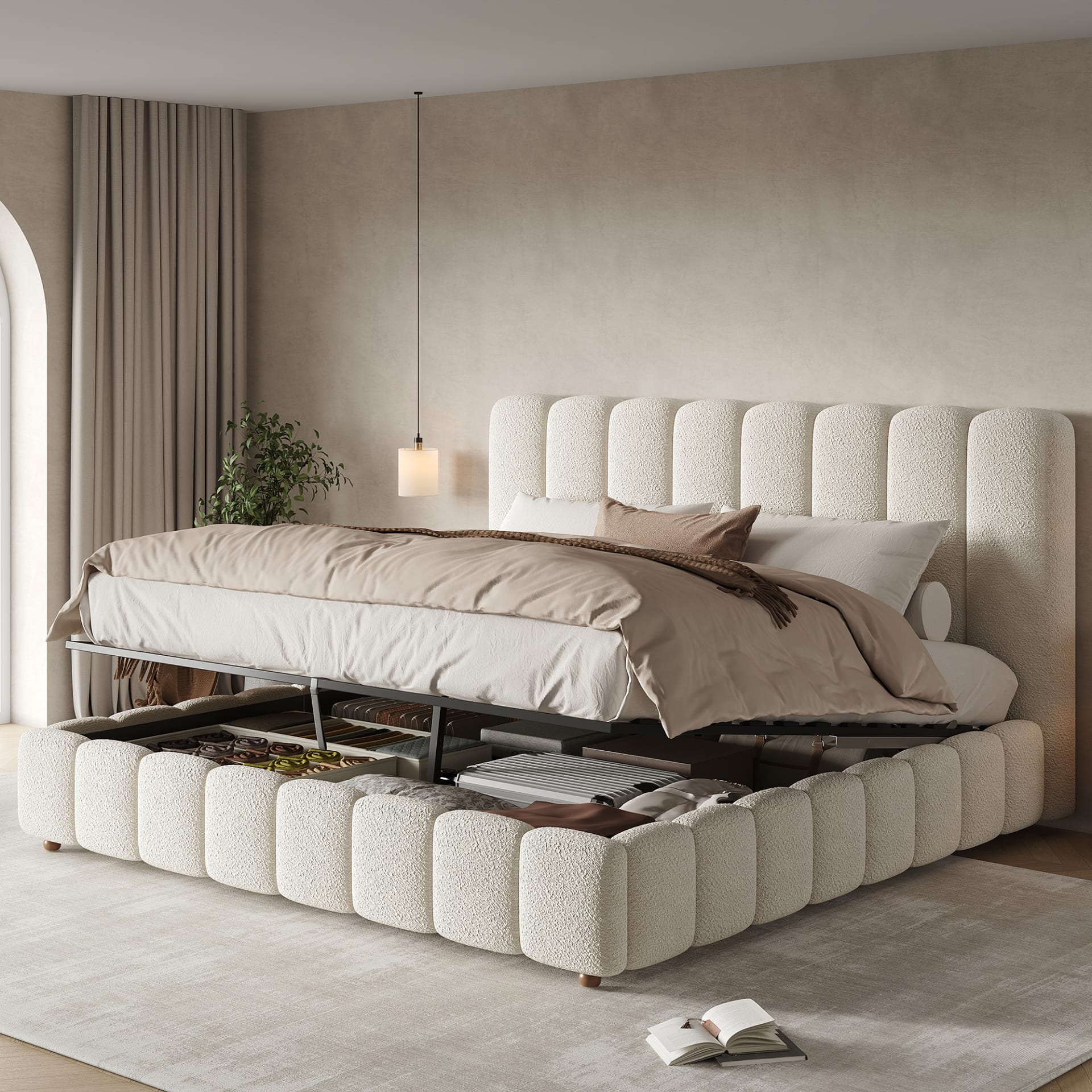 Upholstered Bed, King Size Bed, 5ft-150x200cm, Hydraulic Functional Bed, Bed With Slatted Frame, Headboard And Large Storage Space, Padded Headboard, White Boucle view 3