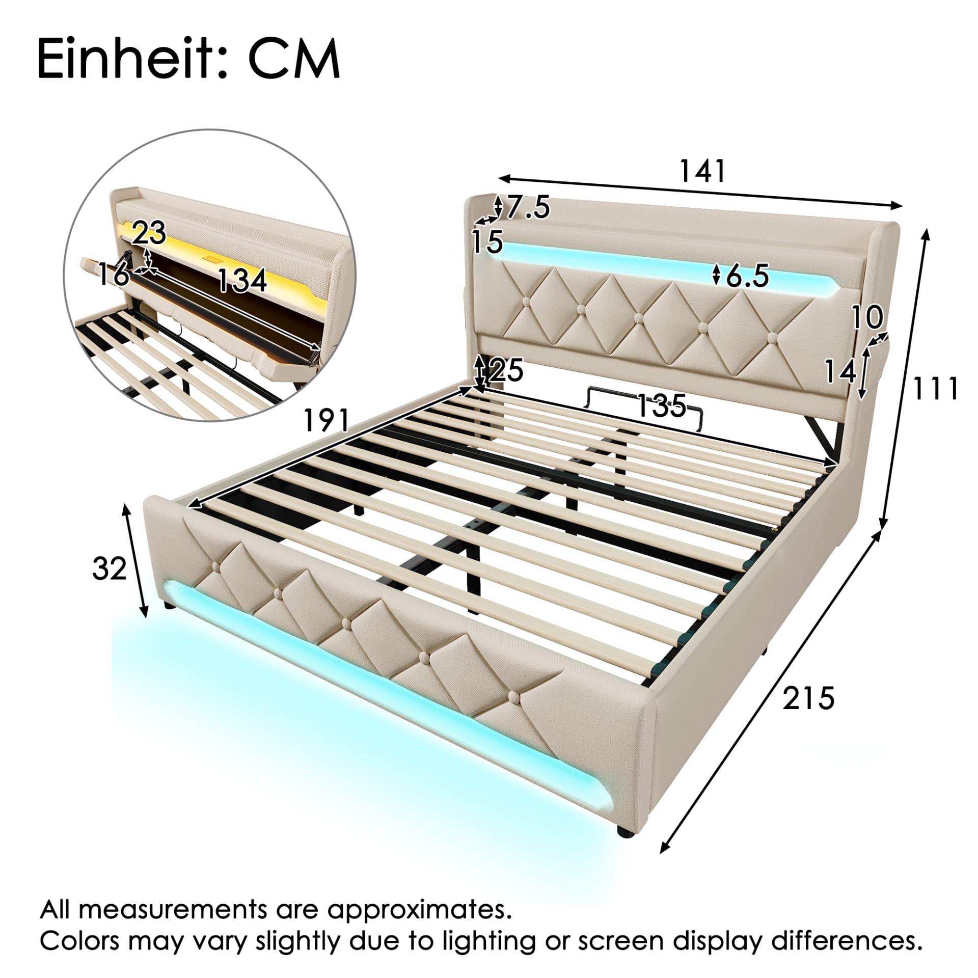 Upholstered Bed 135 X 190 Cm With LED Lighting, USB Type-C Charging, Storage Headboard For Cellphones And Tablets, 4ft6 Hydraulic Storage Bed With Metal Slatted Frame, Linen, Beige No Mattress view 3