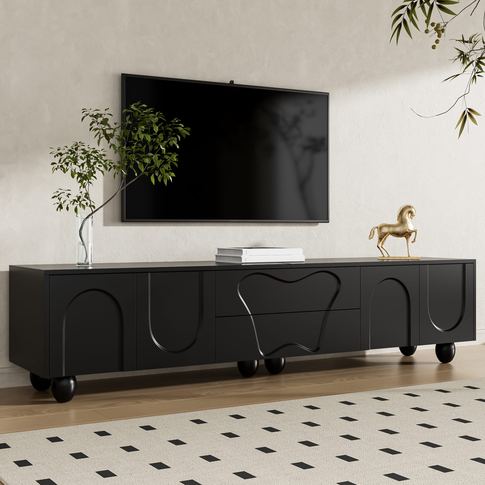 180 Cm Black TV Cabinet With Wooden Legs  A Minimalist And Elegant TV Cabinet With Ample Storage Space, A Unique Design, And Flexible Storage Solutions For A Stylish Living Room. view 2