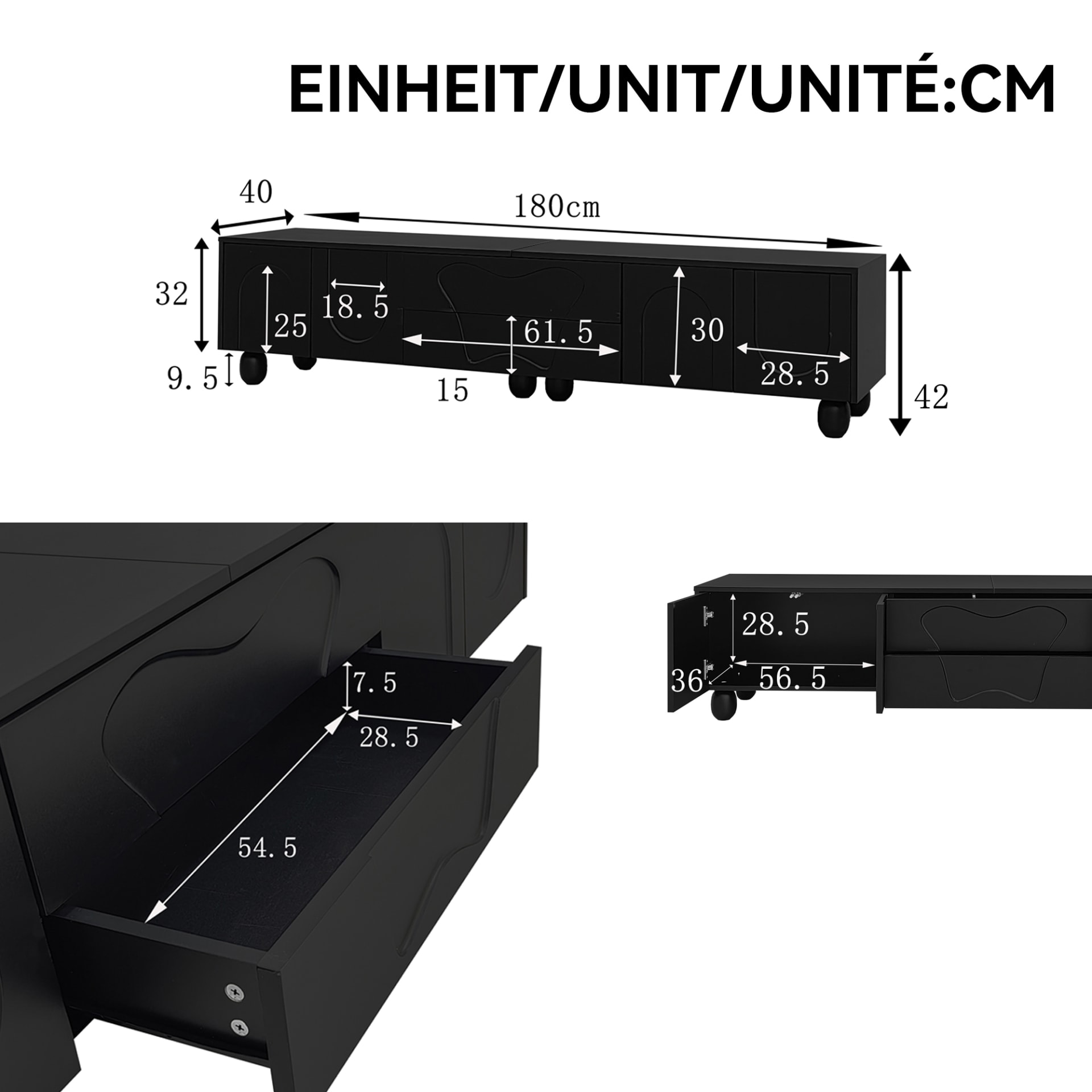 180 Cm Black TV Cabinet With Wooden Legs  A Minimalist And Elegant TV Cabinet With Ample Storage Space, A Unique Design, And Flexible Storage Solutions For A Stylish Living Room. view 3