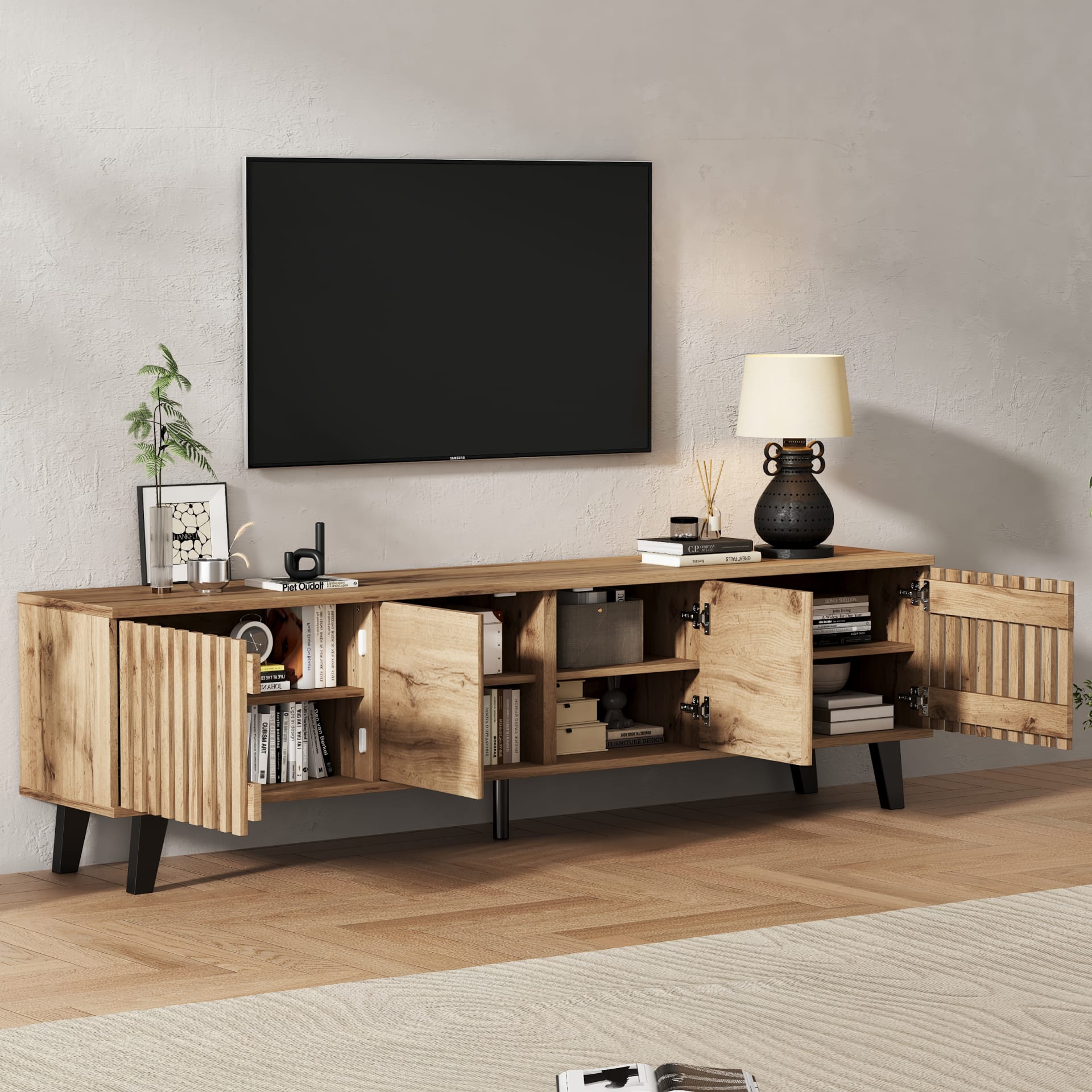 Modern Vintage TV Stand With 4 Doors, TV Cabinet Storage Sideboard With Unique Design,TV Entertainment Center, For Livingroom Bedroom, TV Console,TV Unit, 180x40x55cm, Wood, For 70 Inch TV view 5