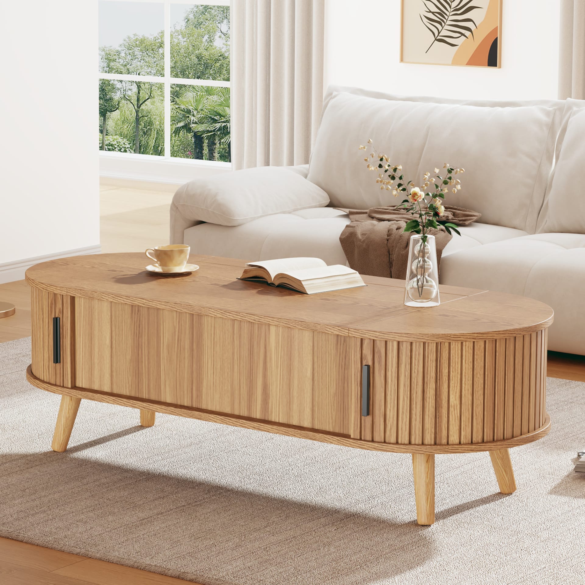 Lift Up Oval Coffee Table With Hidden Storage, Centre Table, Lifting Sofa Side Table, Space-saving End Table For Living Room Bedroom, Reception, Tea Table, 120 X 50 X 39.5cm, Natural Wood view 4